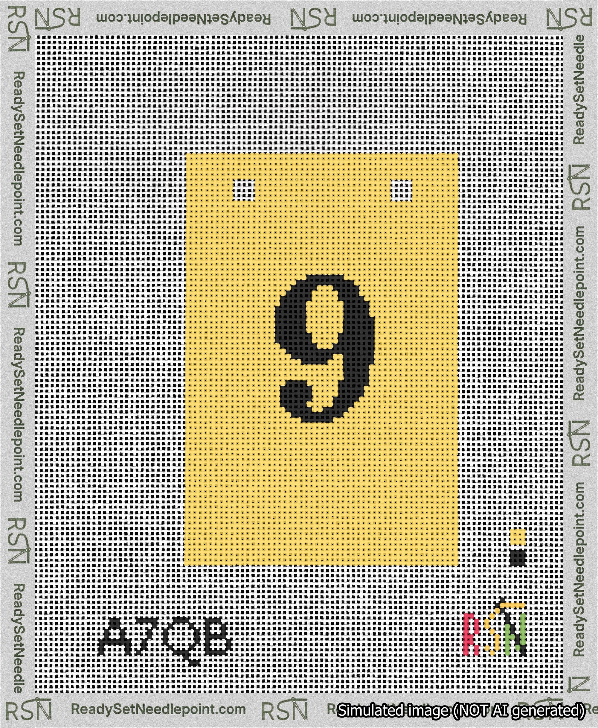 A taped needlepoint canvas with the design: Banner 13 mesh count Squared 9 Black on Yellow.