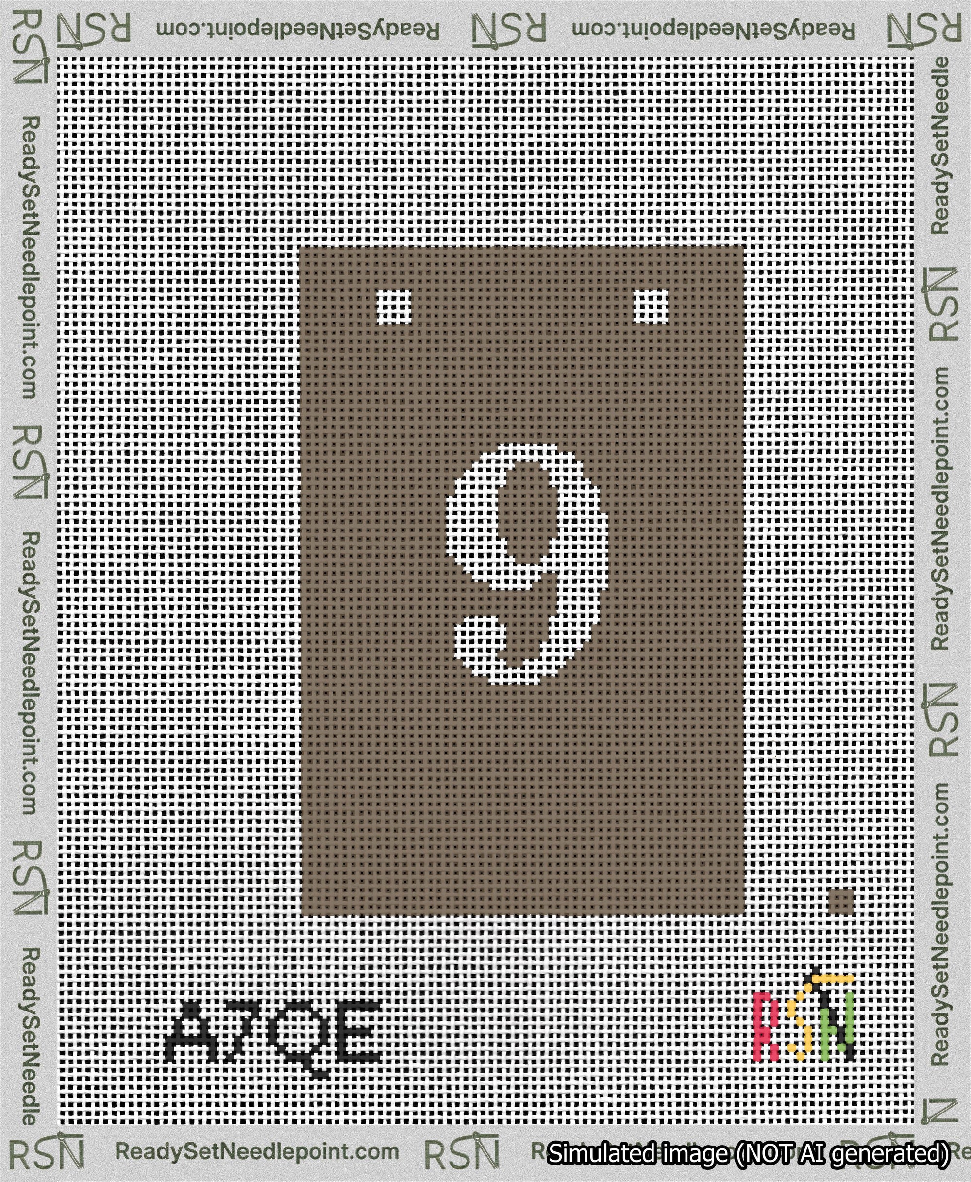 A taped needlepoint canvas with the design: Banner 13 mesh count Squared 9 White on Brown.