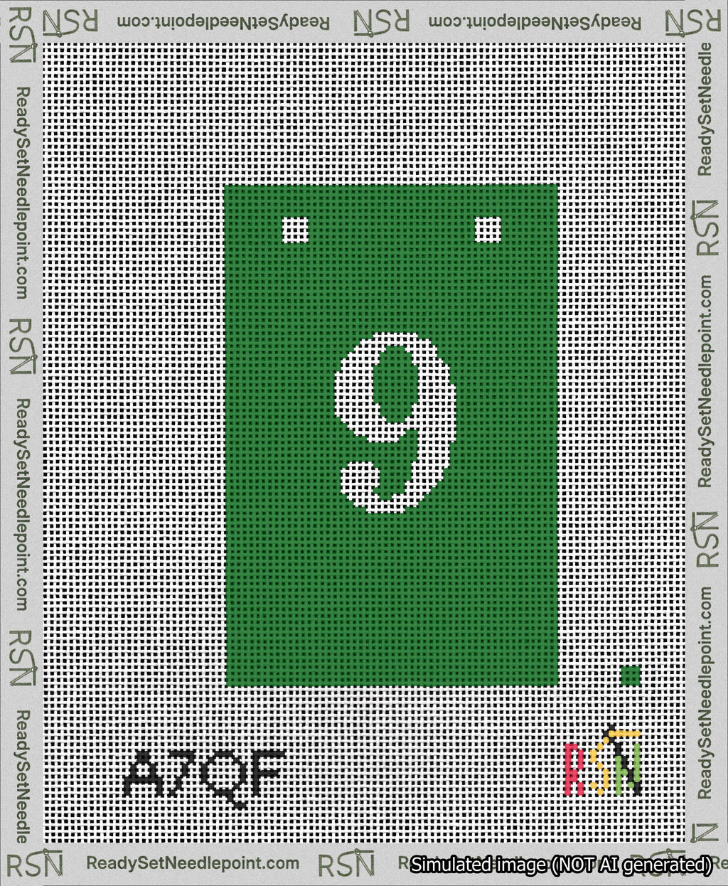 A taped needlepoint canvas with the design: Banner 13 mesh count Squared 9 White on Green.