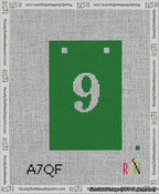 A taped needlepoint canvas with the design: Banner 13 mesh count Squared 9 White on Green.