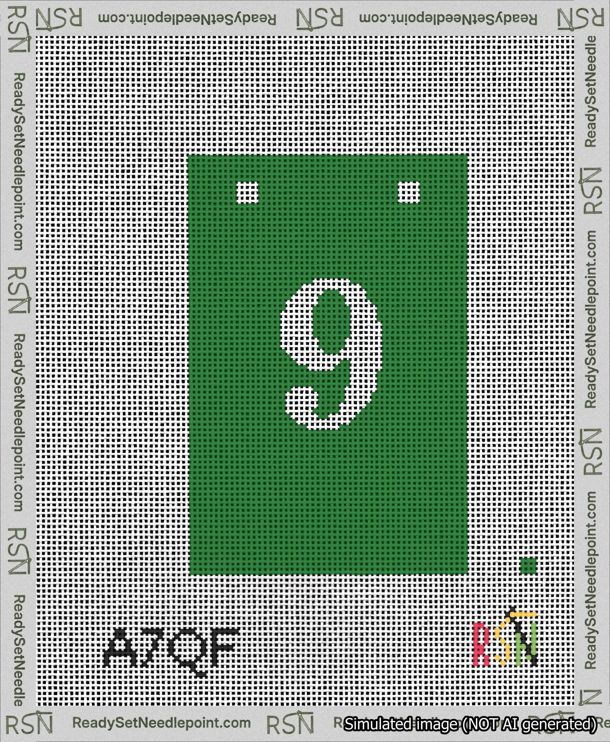 A taped needlepoint canvas with the design: Banner 13 mesh count Squared 9 White on Green.