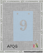 A taped needlepoint canvas with the design: Banner 13 mesh count Squared 9 White on Light Blue.