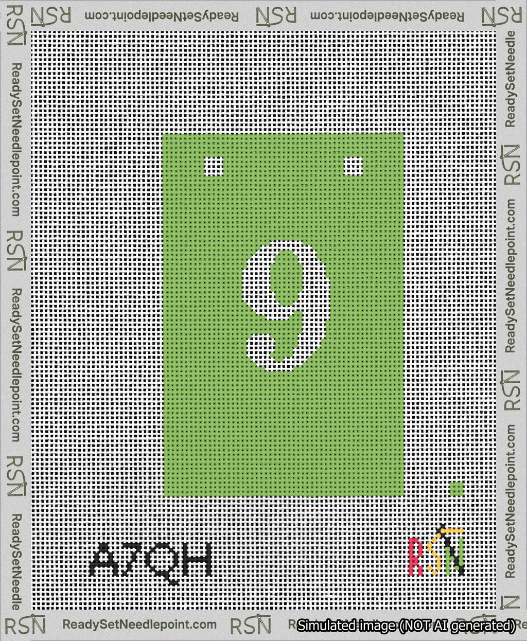 A taped needlepoint canvas with the design: Banner 13 mesh count Squared 9 White on Light Green.