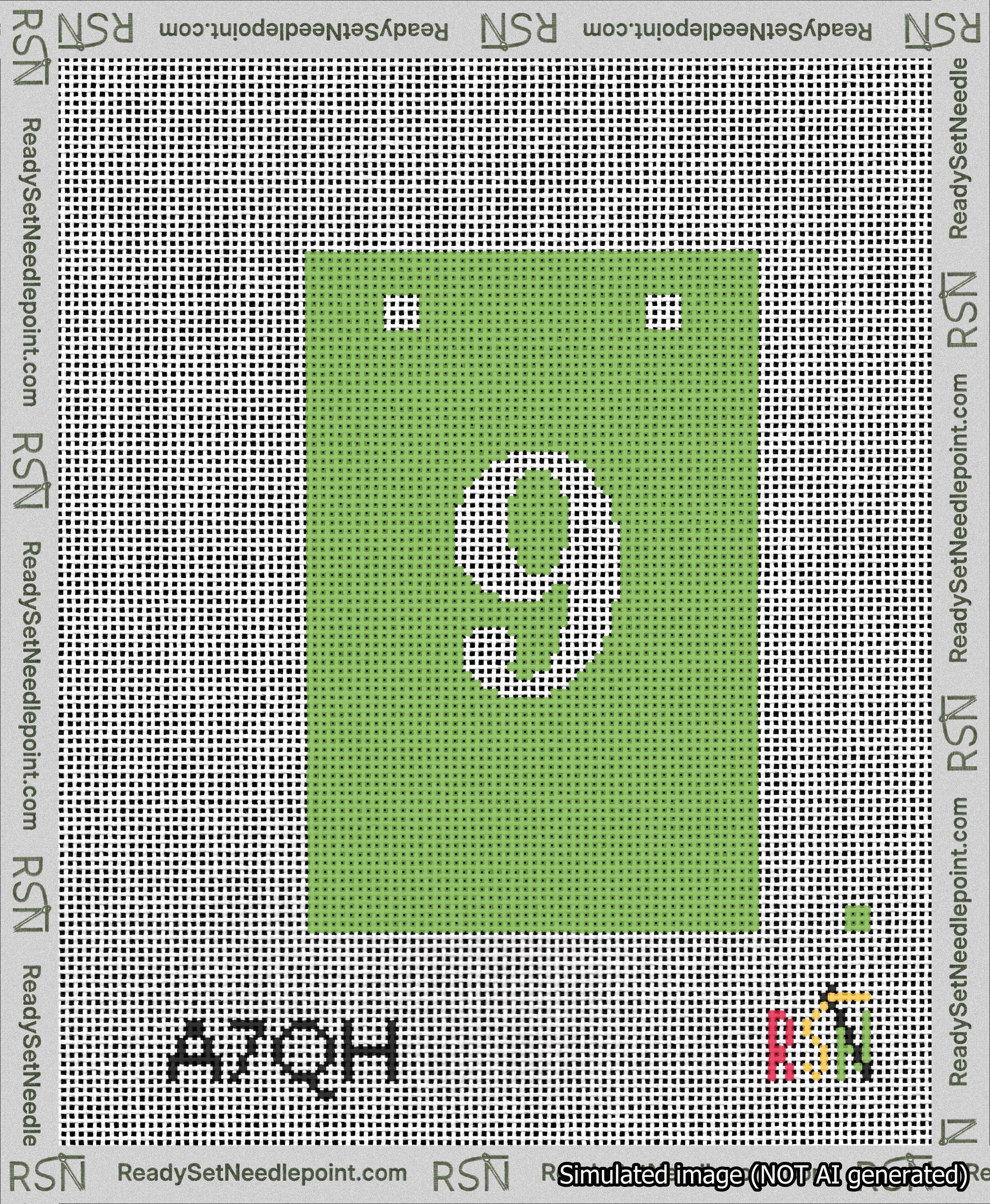 A taped needlepoint canvas with the design: Banner 13 mesh count Squared 9 White on Light Green.