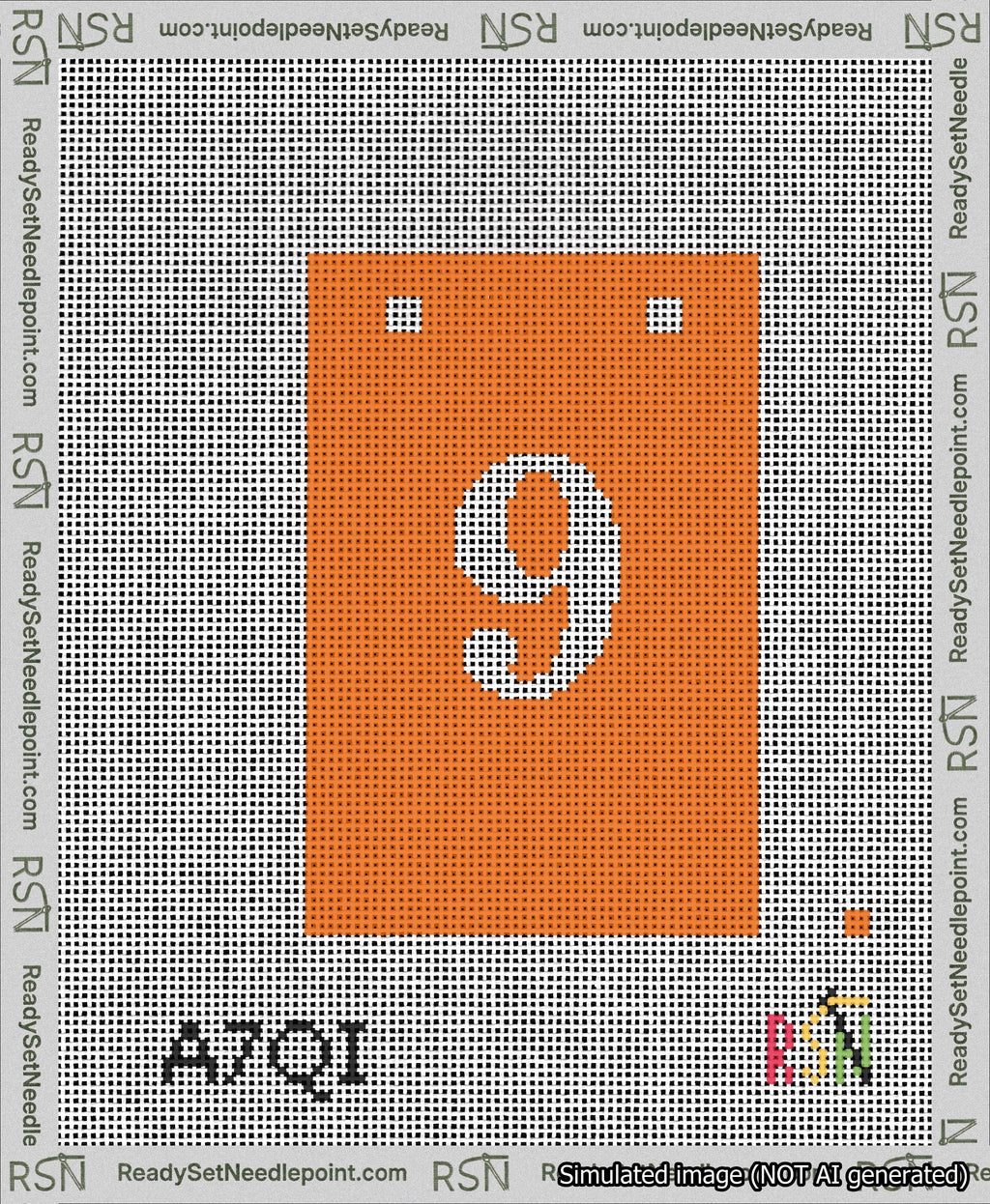 A taped needlepoint canvas with the design: Banner 13 mesh count Squared 9 White on Orange.