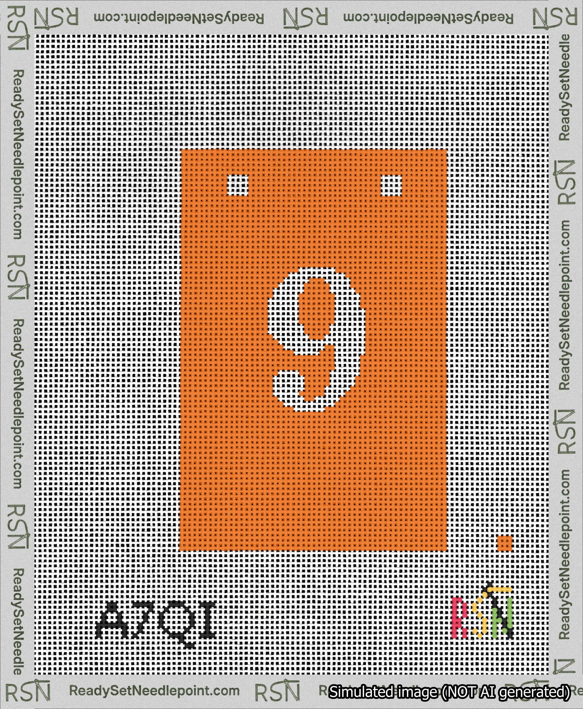 A taped needlepoint canvas with the design: Banner 13 mesh count Squared 9 White on Orange.