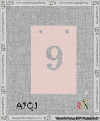 A taped needlepoint canvas with the design: Banner 13 mesh count Squared 9 White on Pink.