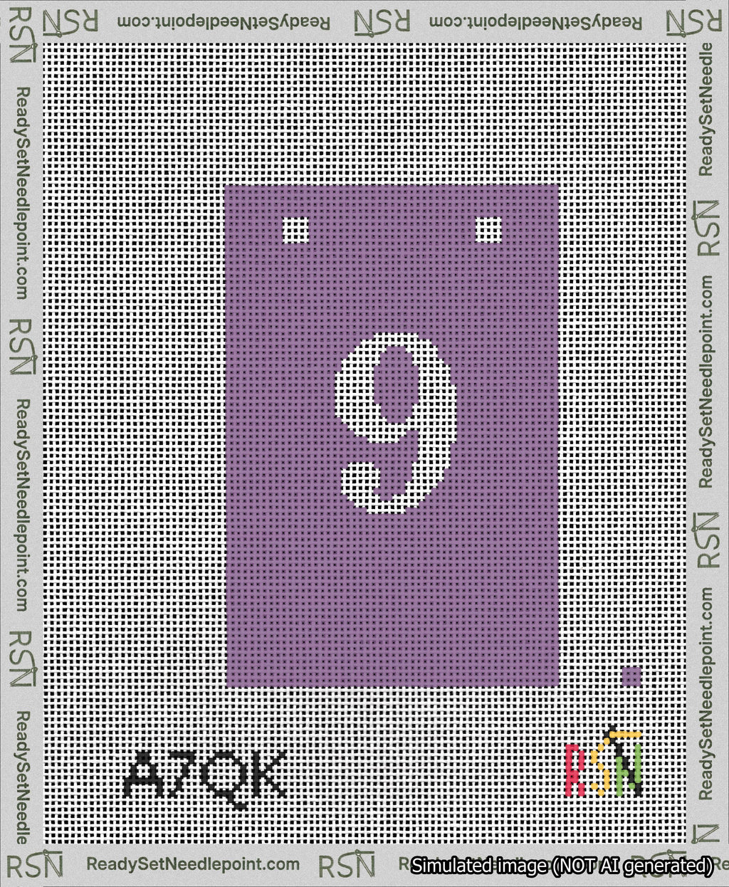 A taped needlepoint canvas with the design: Banner 13 mesh count Squared 9 White on Purple.