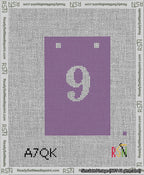 A taped needlepoint canvas with the design: Banner 13 mesh count Squared 9 White on Purple.