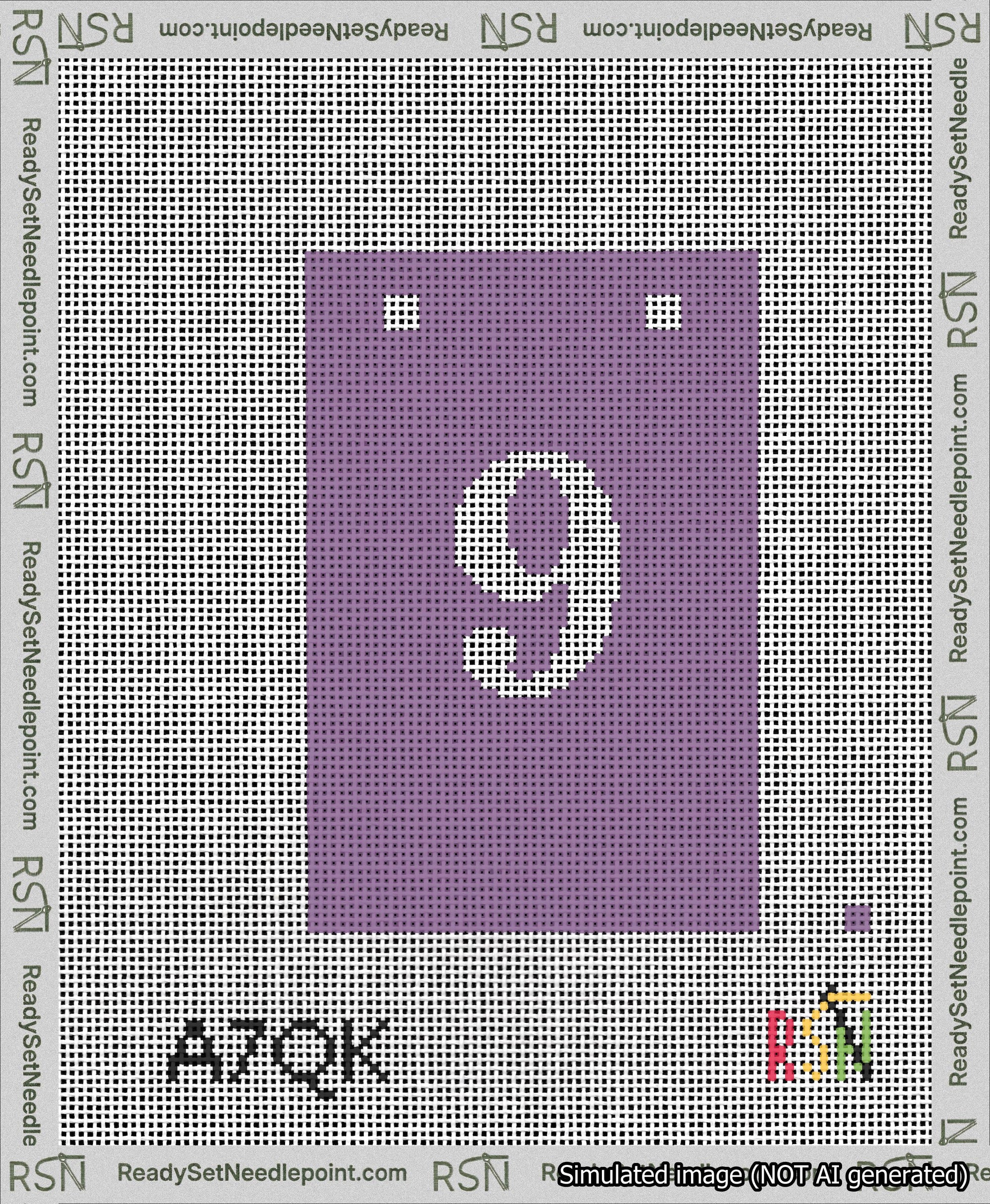 A taped needlepoint canvas with the design: Banner 13 mesh count Squared 9 White on Purple.