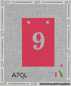 A taped needlepoint canvas with the design: Banner 13 mesh count Squared 9 White on Red.