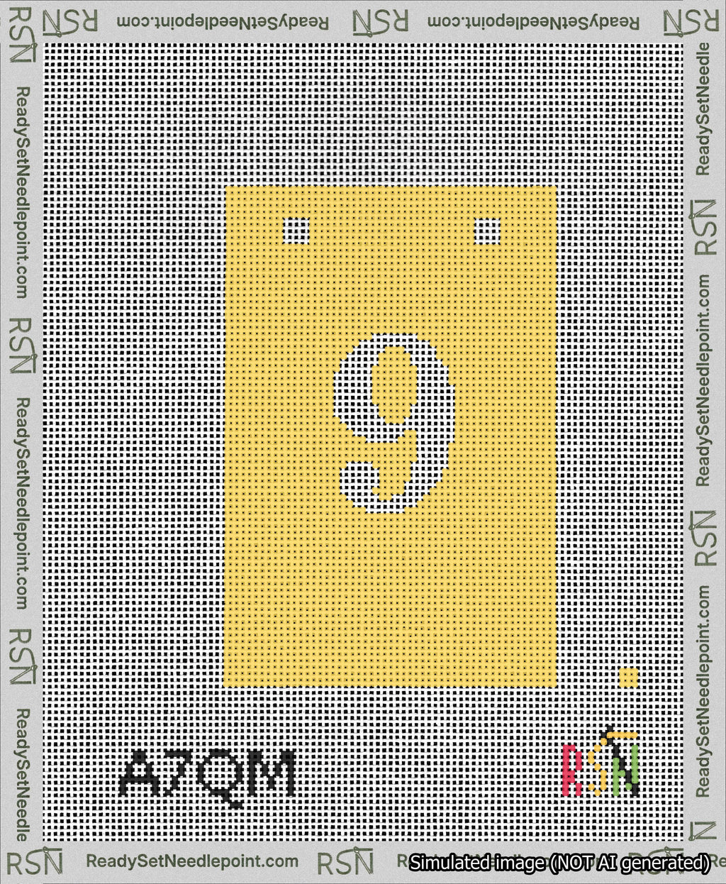 A taped needlepoint canvas with the design: Banner 13 mesh count Squared 9 White on Yellow.