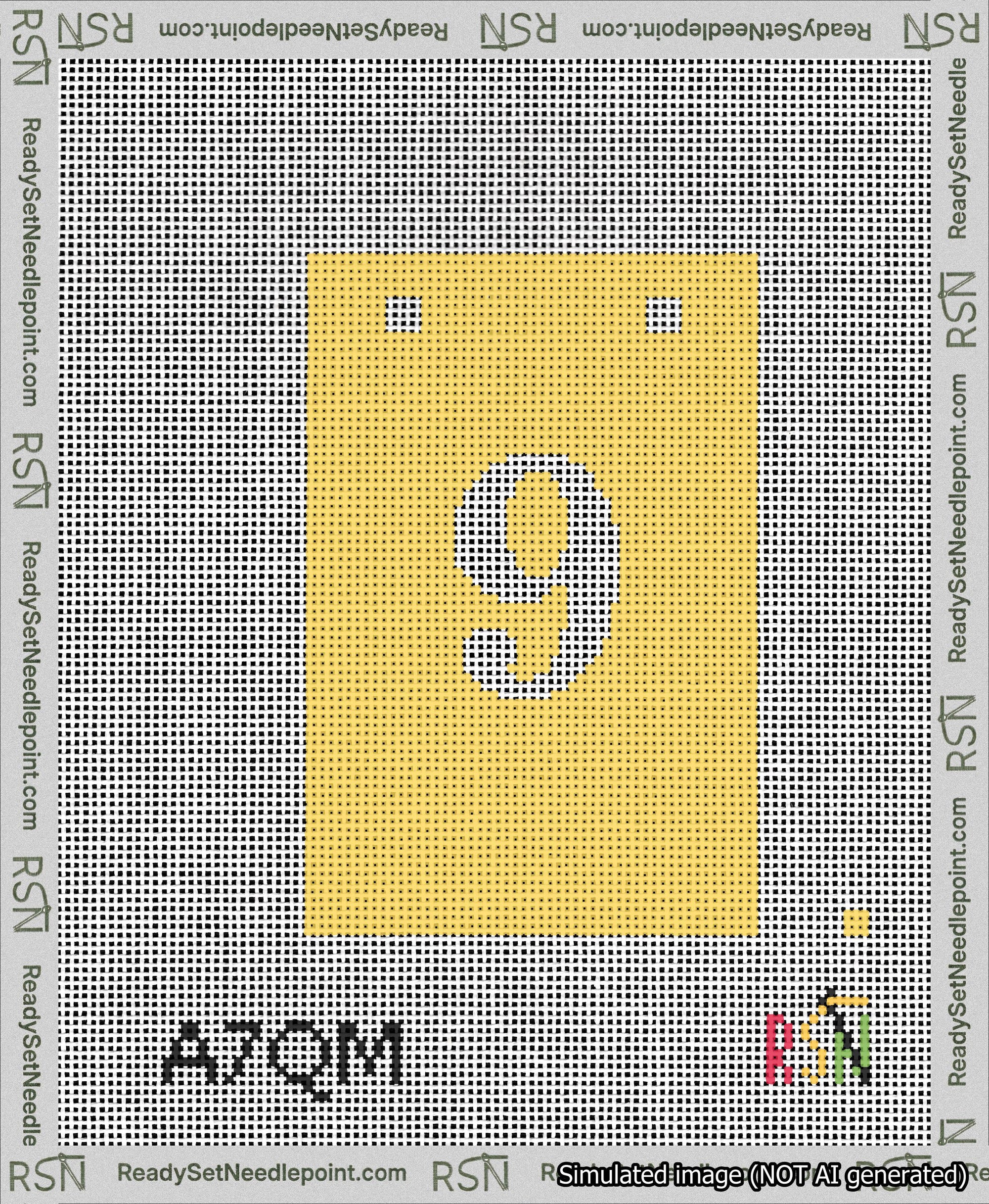 A taped needlepoint canvas with the design: Banner 13 mesh count Squared 9 White on Yellow.