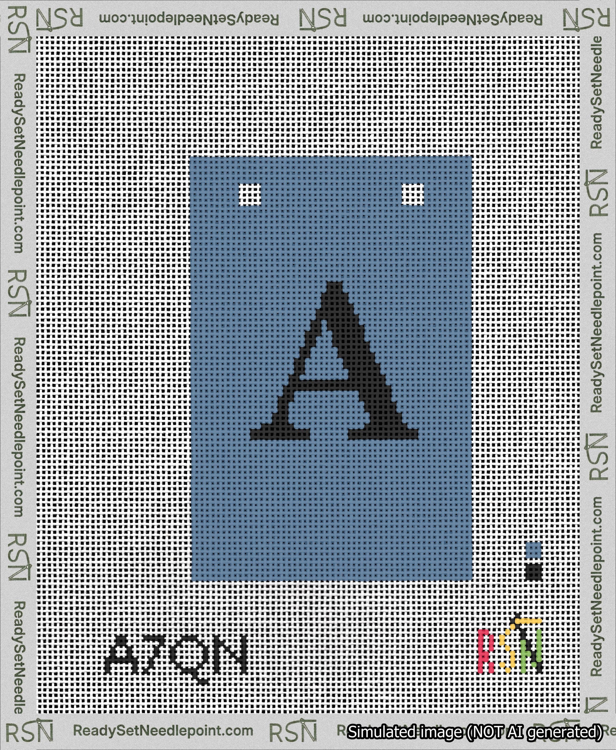 A taped needlepoint canvas with the design: Banner 13 mesh count Squared A Black on Blue.