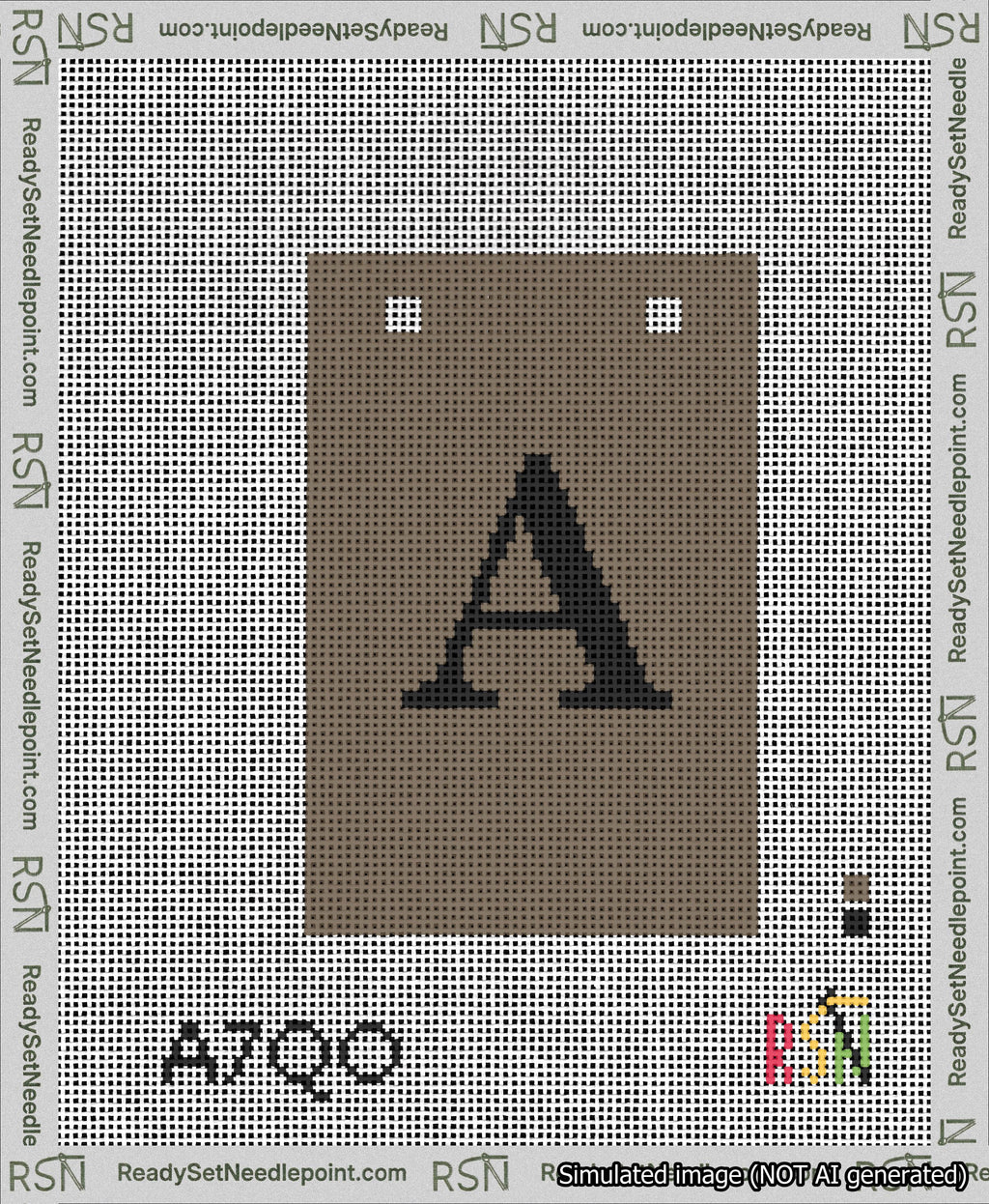 A taped needlepoint canvas with the design: Banner 13 mesh count Squared A Black on Brown.