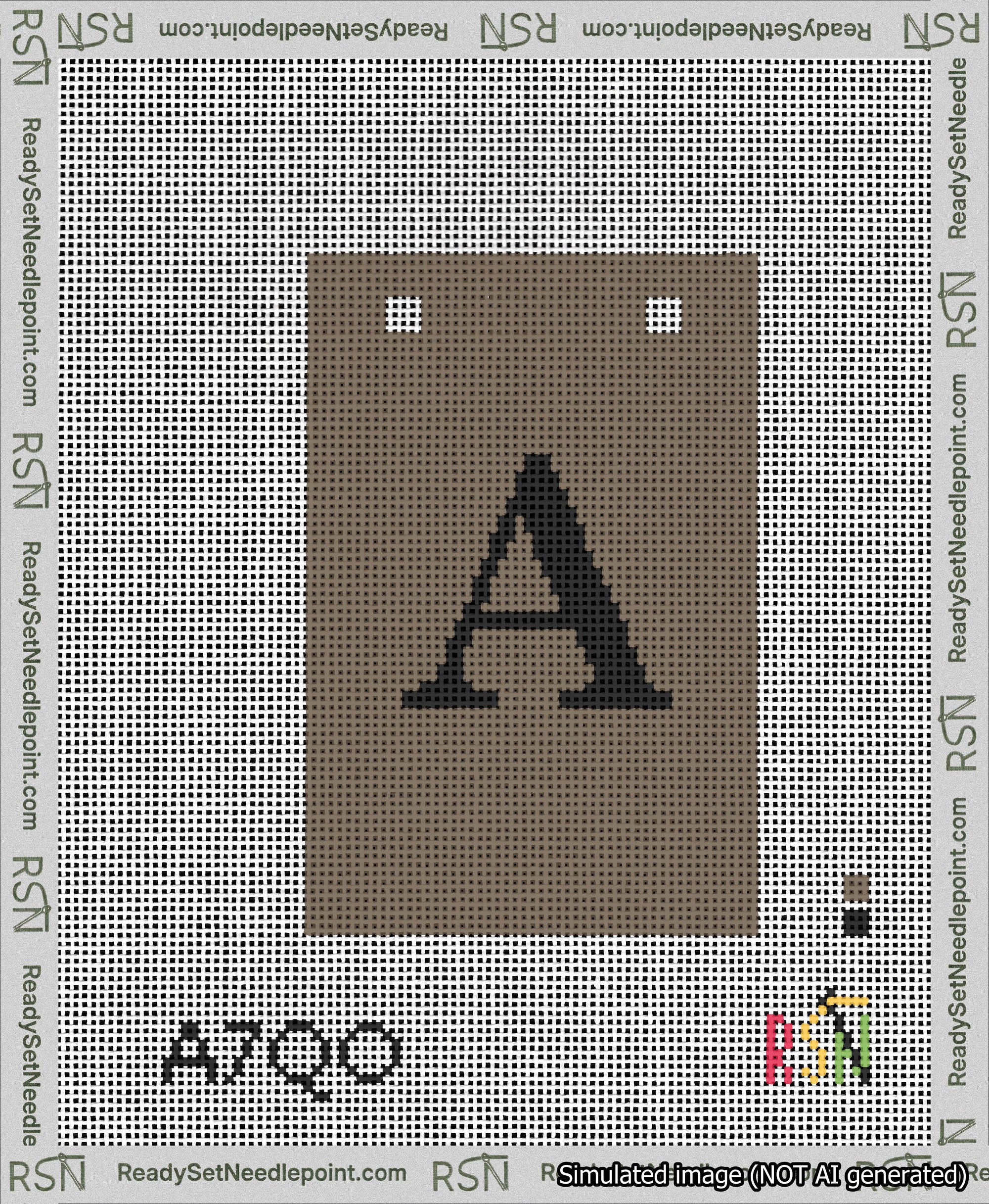A taped needlepoint canvas with the design: Banner 13 mesh count Squared A Black on Brown.