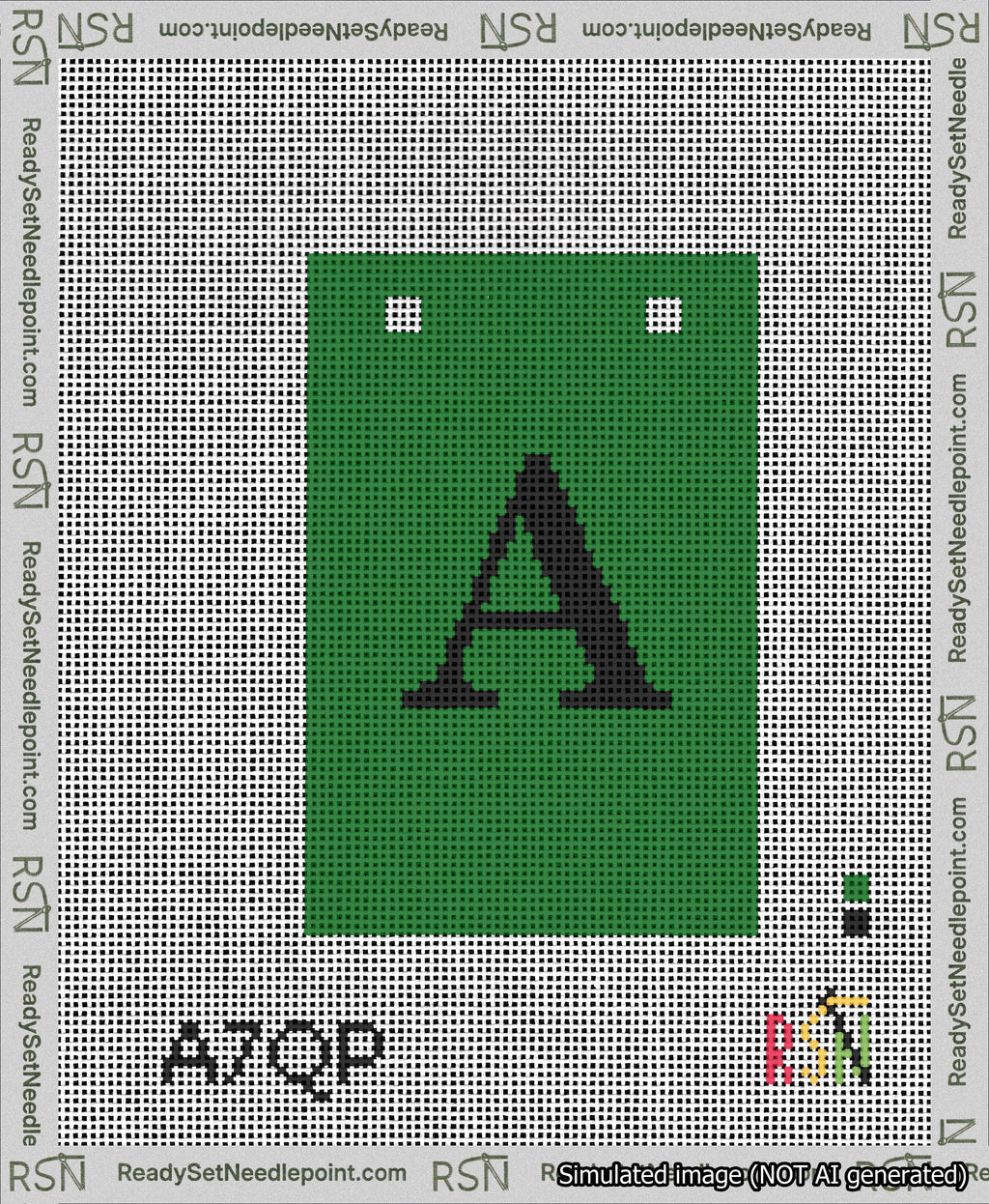 A taped needlepoint canvas with the design: Banner 13 mesh count Squared A Black on Green.