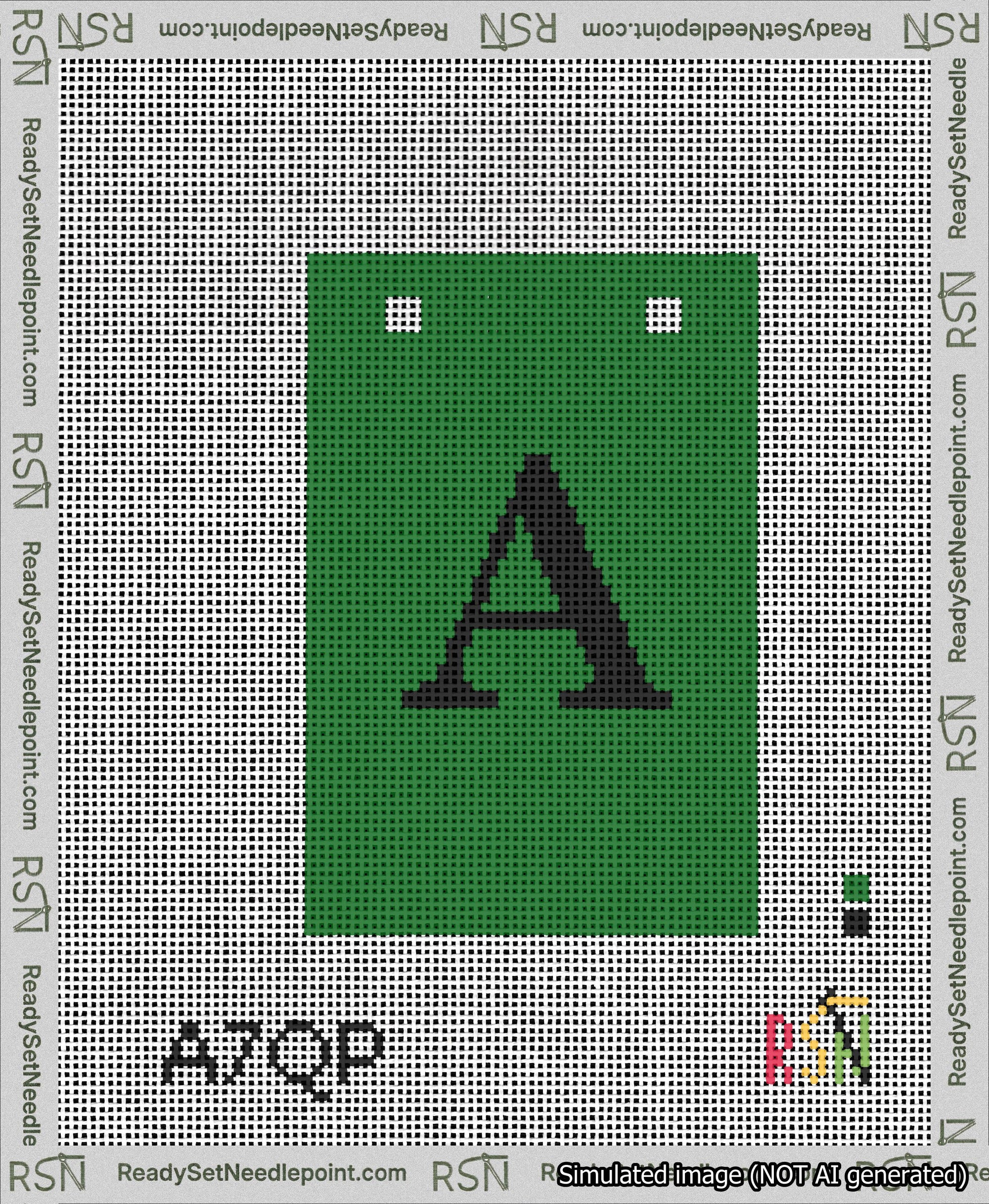 A taped needlepoint canvas with the design: Banner 13 mesh count Squared A Black on Green.