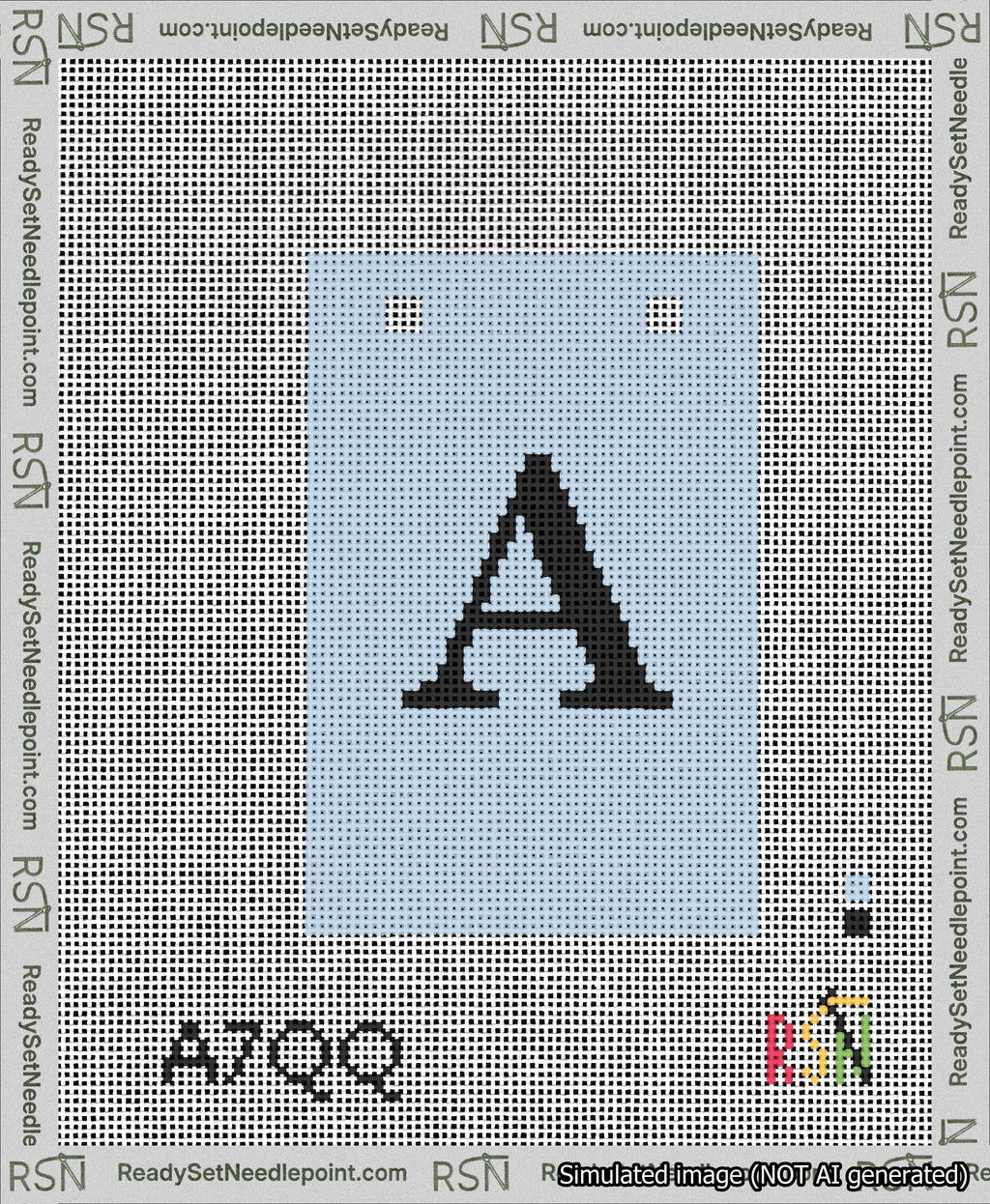A taped needlepoint canvas with the design: Banner 13 mesh count Squared A Black on Light Blue.