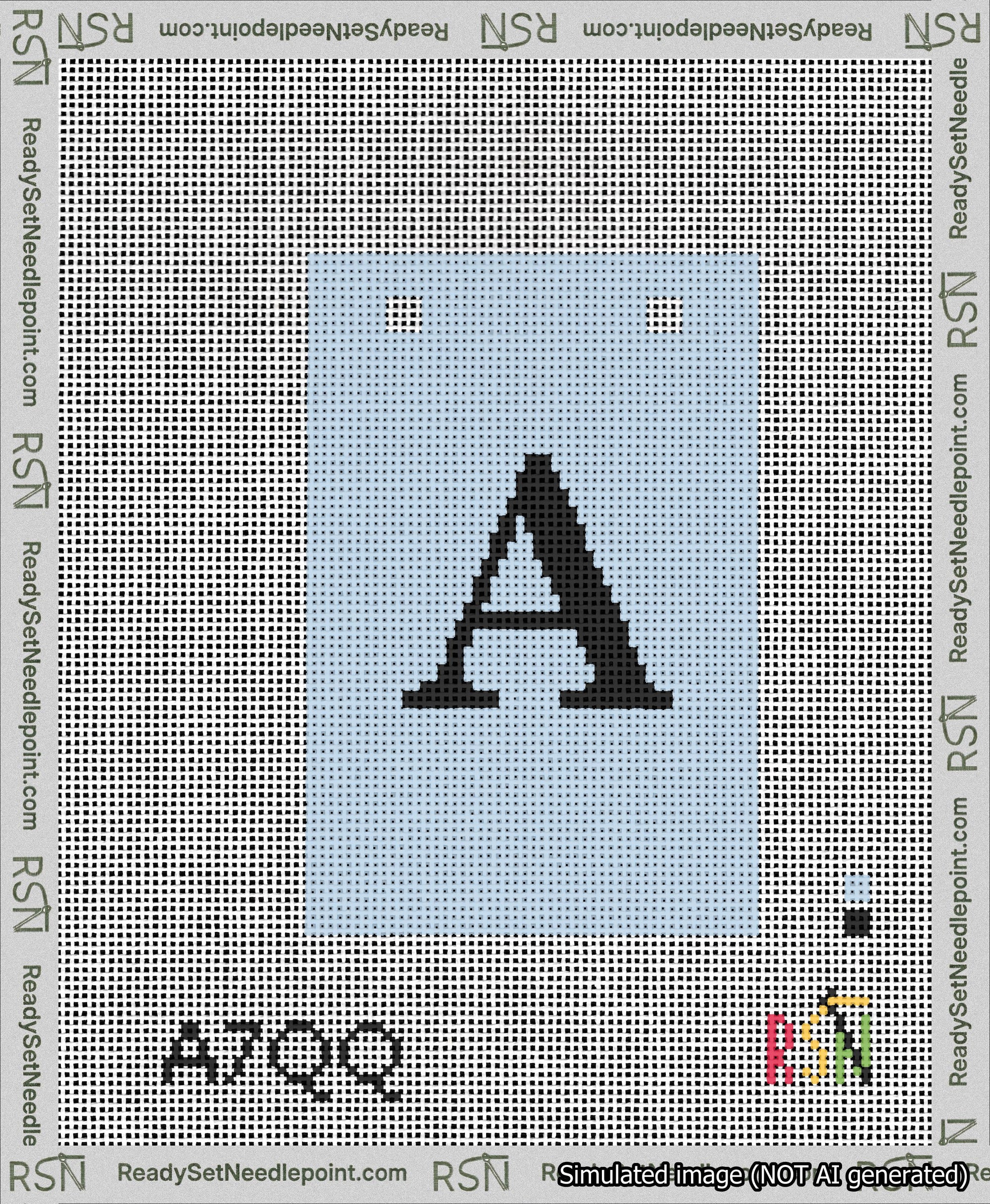 A taped needlepoint canvas with the design: Banner 13 mesh count Squared A Black on Light Blue.