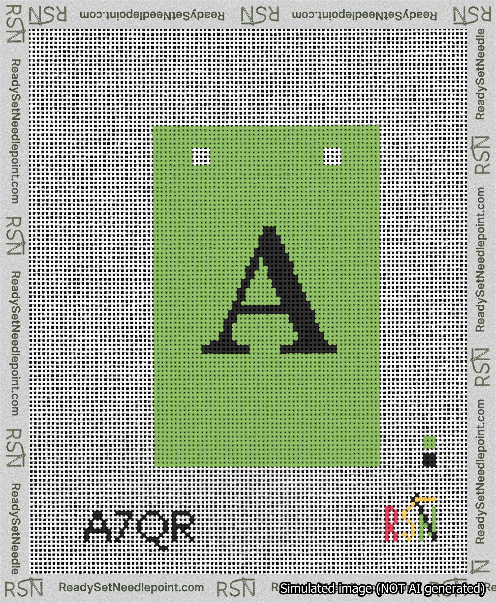 A taped needlepoint canvas with the design: Banner 13 mesh count Squared A Black on Light Green.