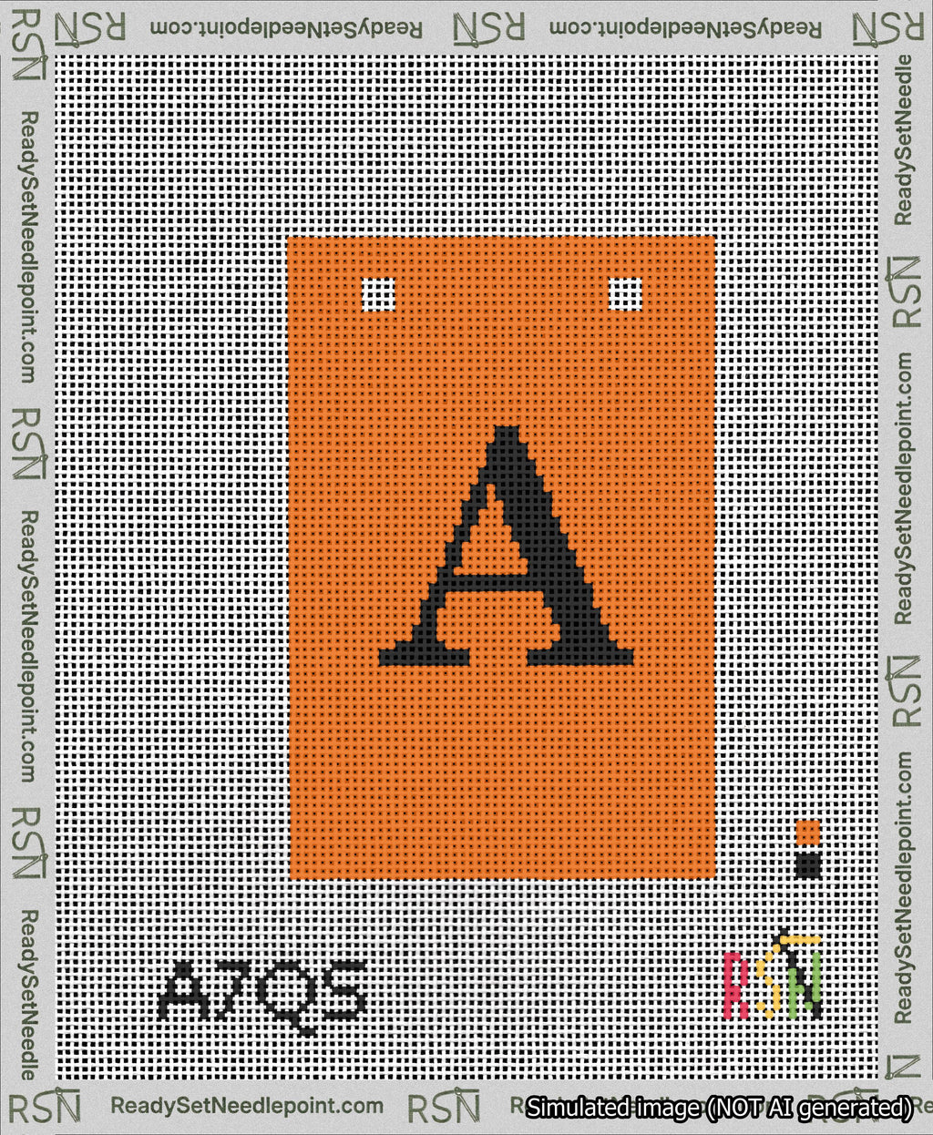 A taped needlepoint canvas with the design: Banner 13 mesh count Squared A Black on Orange.