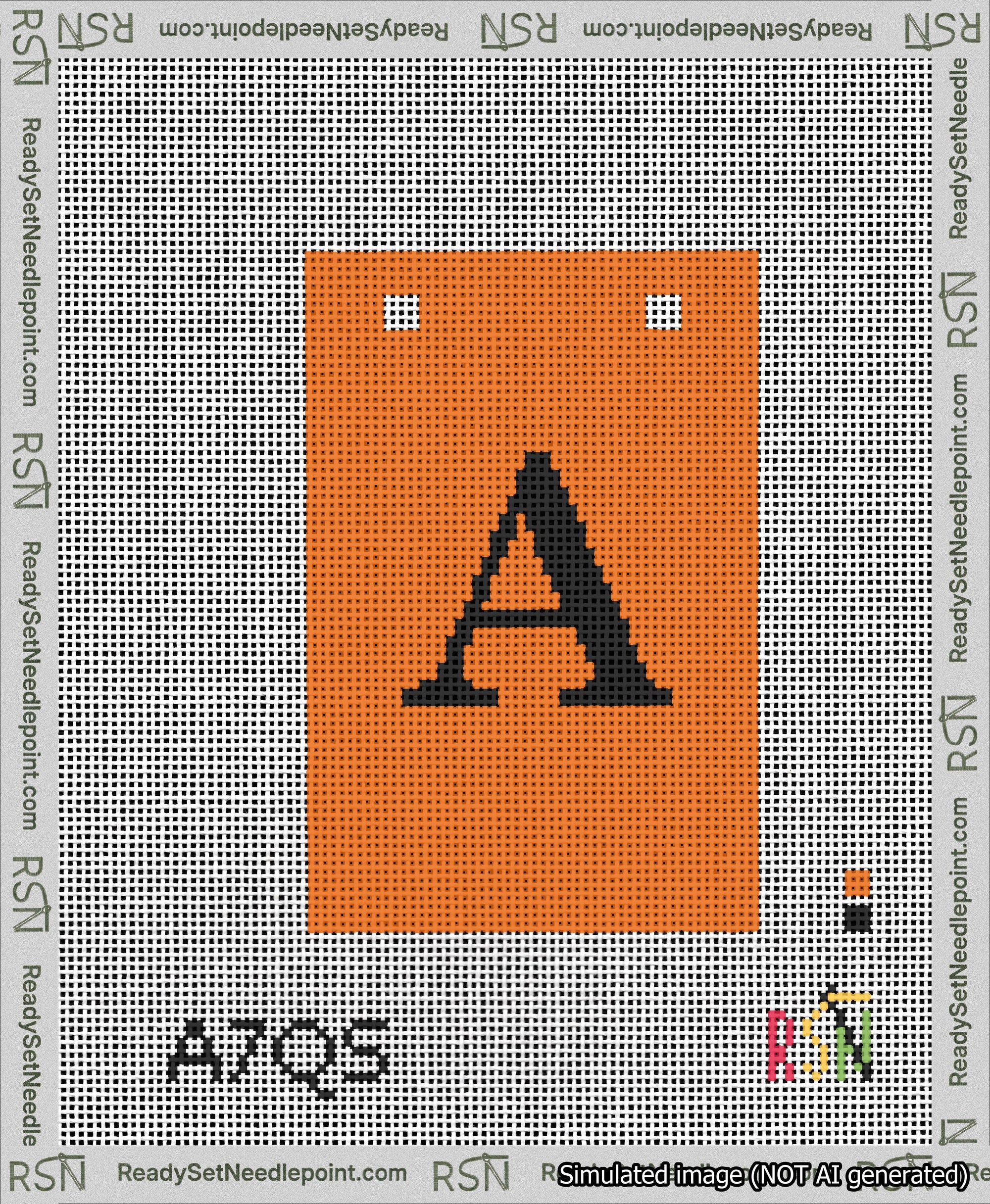 A taped needlepoint canvas with the design: Banner 13 mesh count Squared A Black on Orange.