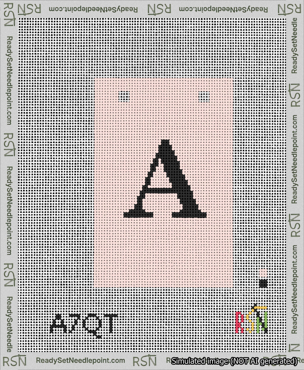 A taped needlepoint canvas with the design: Banner 13 mesh count Squared A Black on Pink.