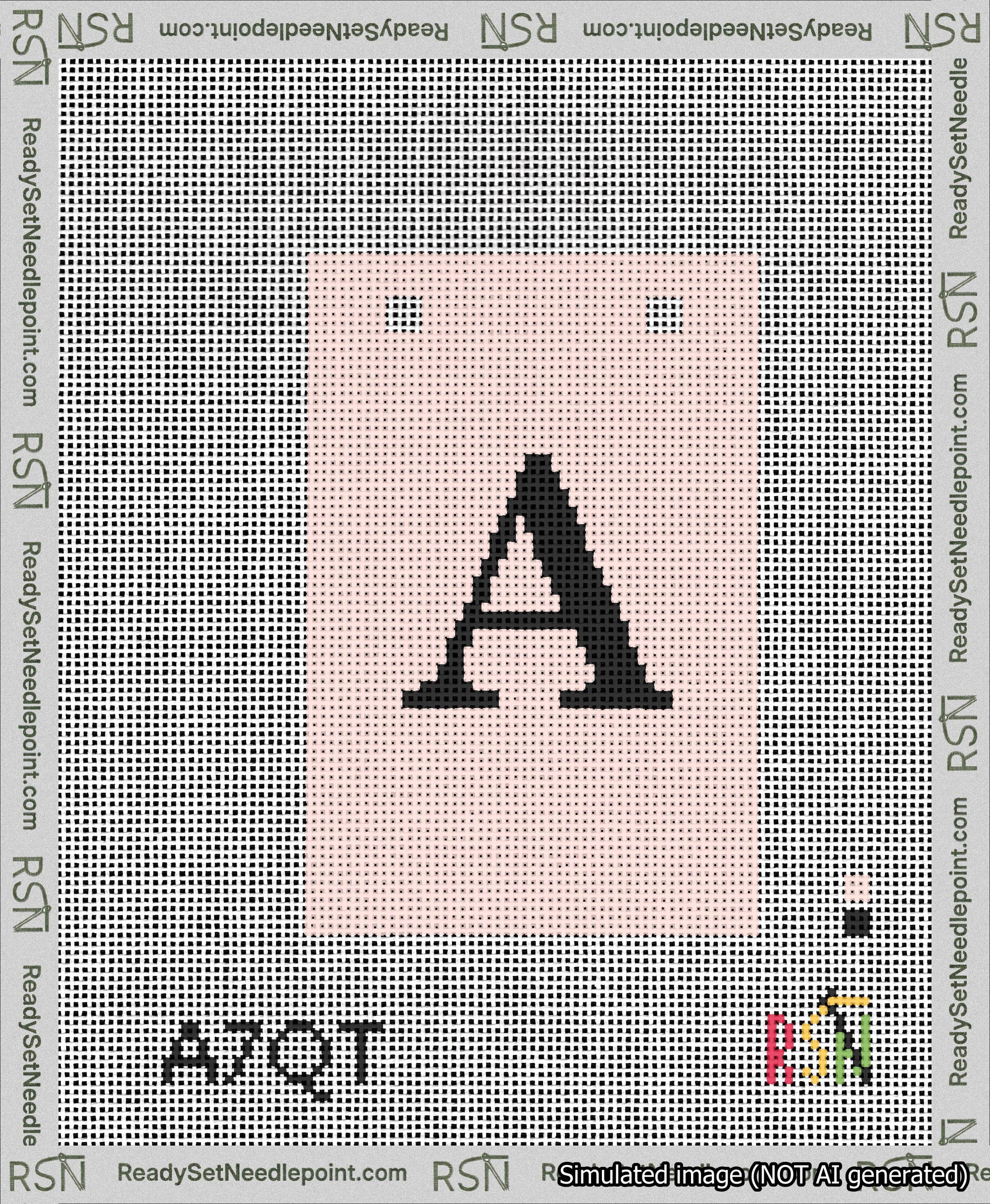 A taped needlepoint canvas with the design: Banner 13 mesh count Squared A Black on Pink.