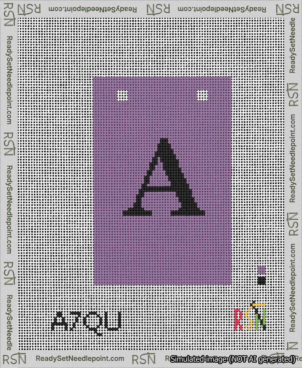 A taped needlepoint canvas with the design: Banner 13 mesh count Squared A Black on Purple.