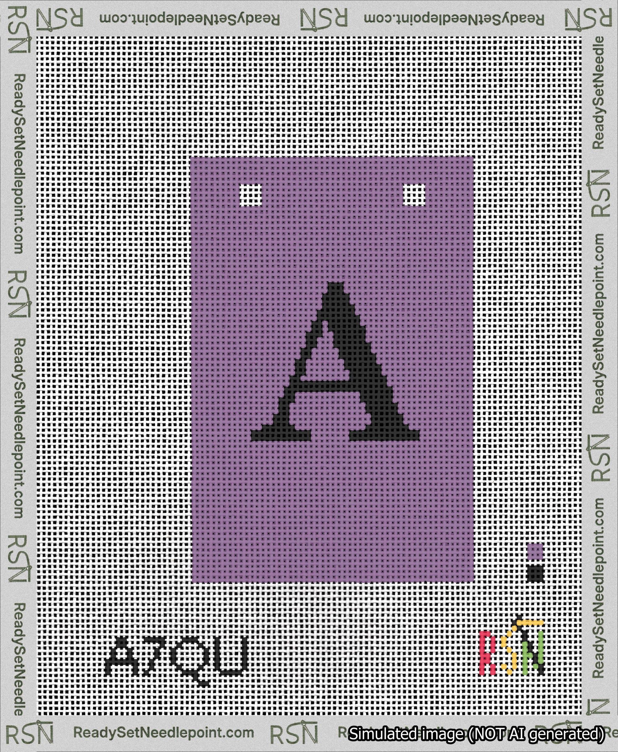 A taped needlepoint canvas with the design: Banner 13 mesh count Squared A Black on Purple.