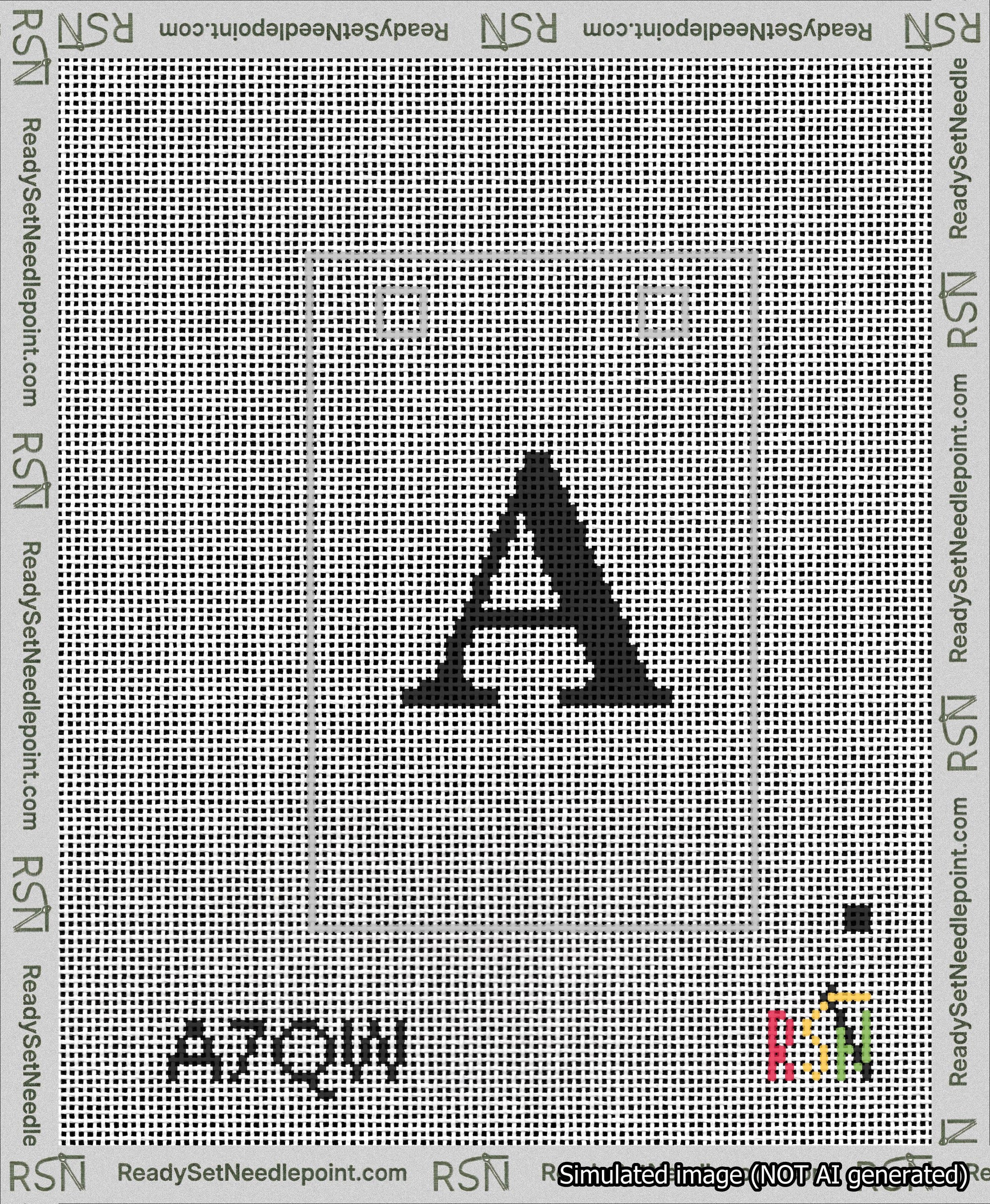 A taped needlepoint canvas with the design: Banner 13 mesh count Squared A Black on White.