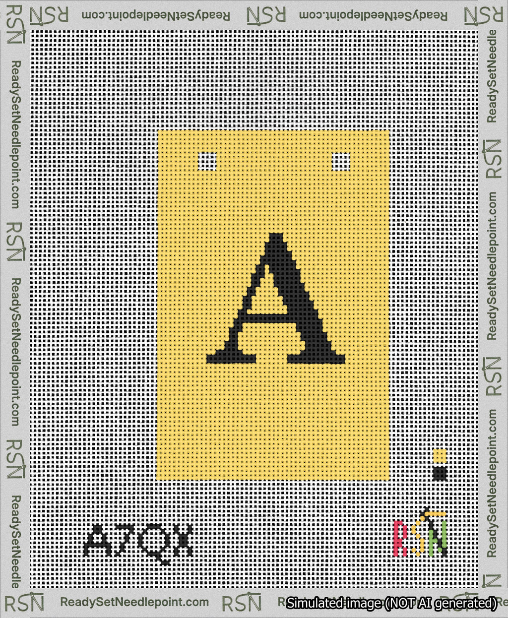 A taped needlepoint canvas with the design: Banner 13 mesh count Squared A Black on Yellow.
