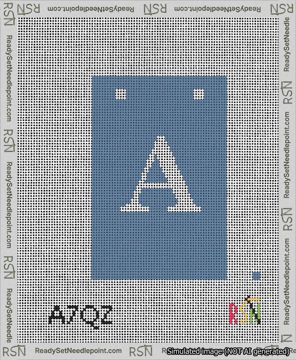 A taped needlepoint canvas with the design: Banner 13 mesh count Squared A White on Blue.