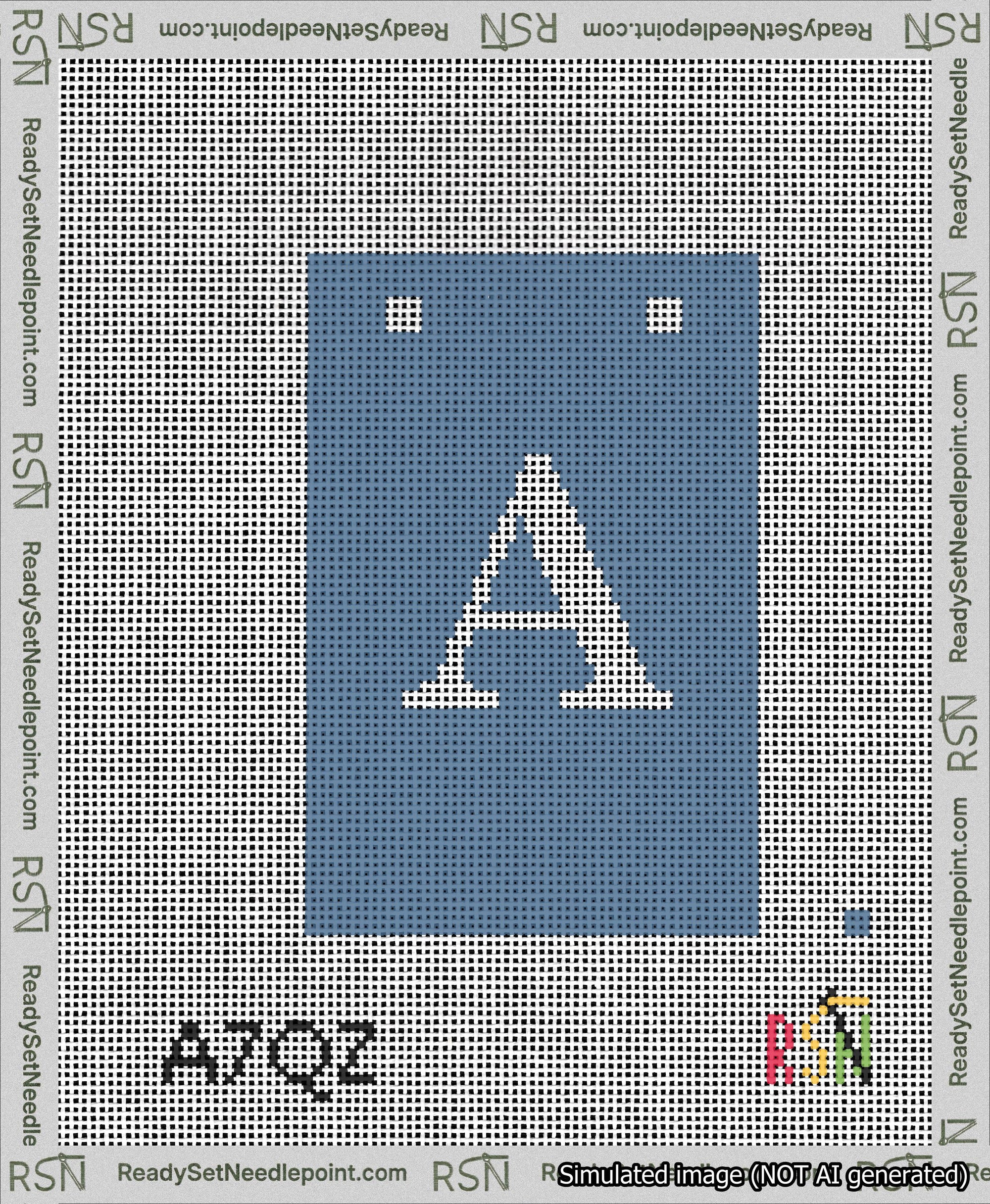 A taped needlepoint canvas with the design: Banner 13 mesh count Squared A White on Blue.