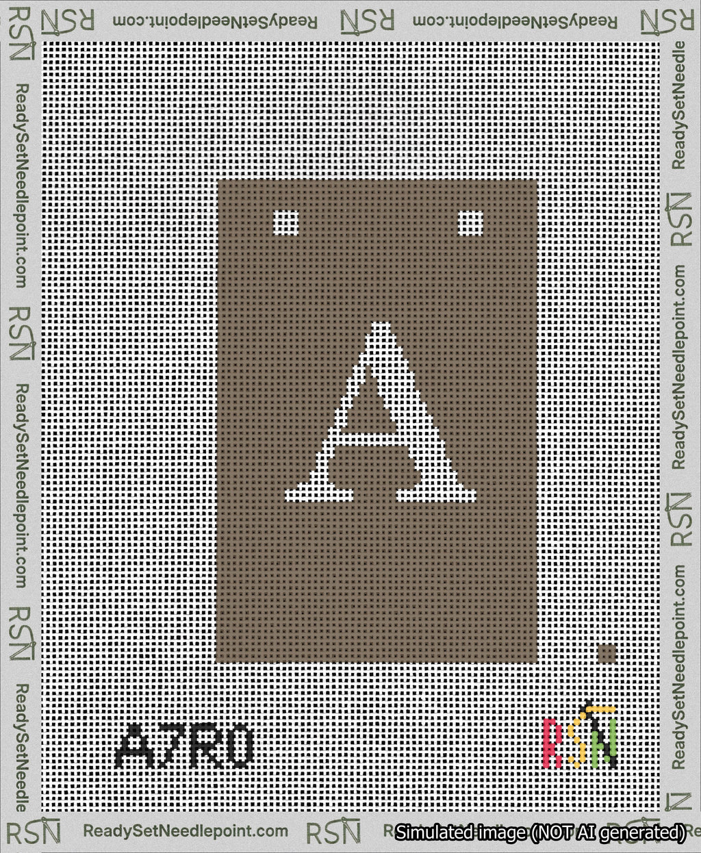 A taped needlepoint canvas with the design: Banner 13 mesh count Squared A White on Brown.