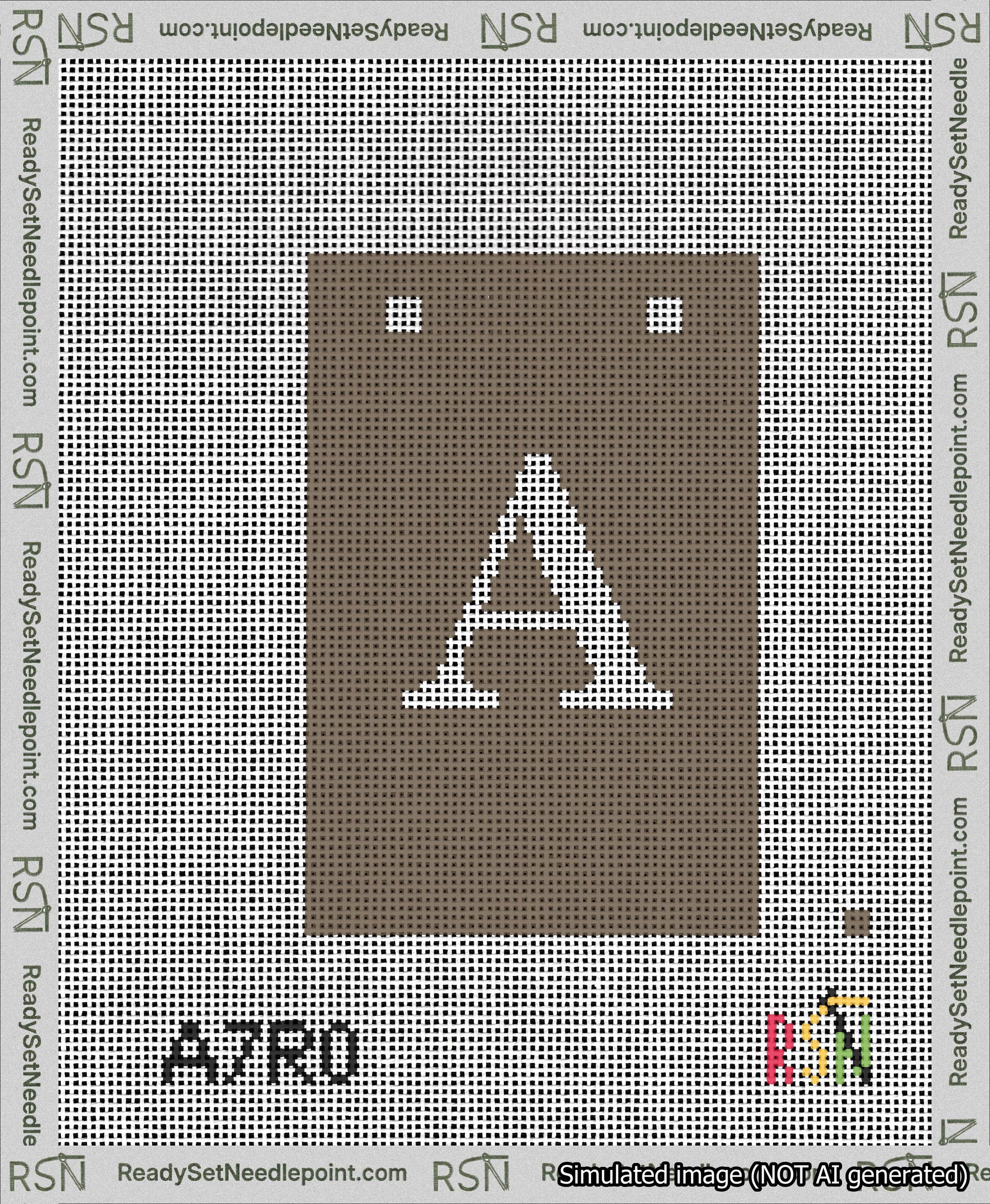 A taped needlepoint canvas with the design: Banner 13 mesh count Squared A White on Brown.