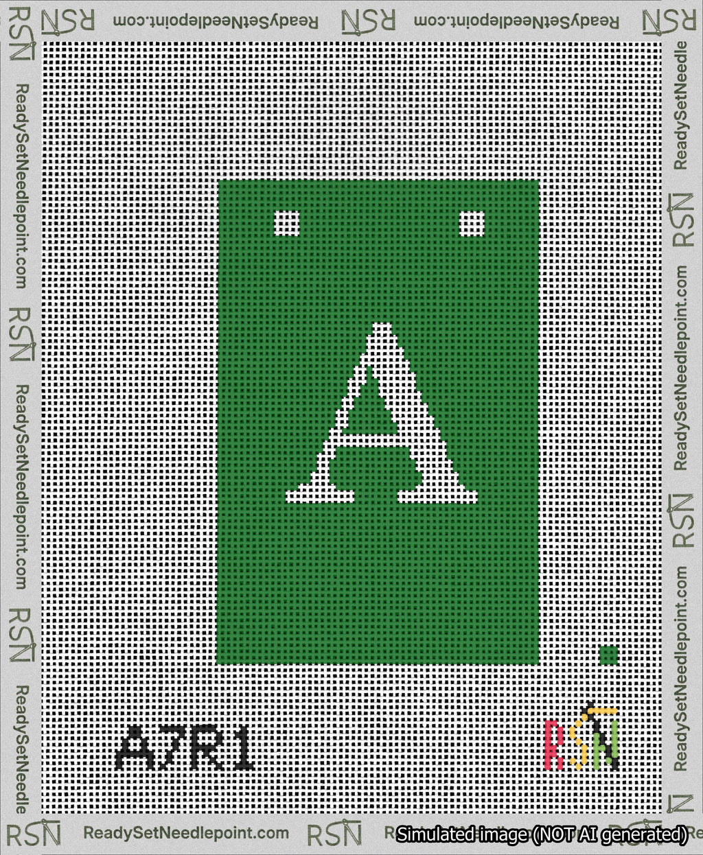 A taped needlepoint canvas with the design: Banner 13 mesh count Squared A White on Green.