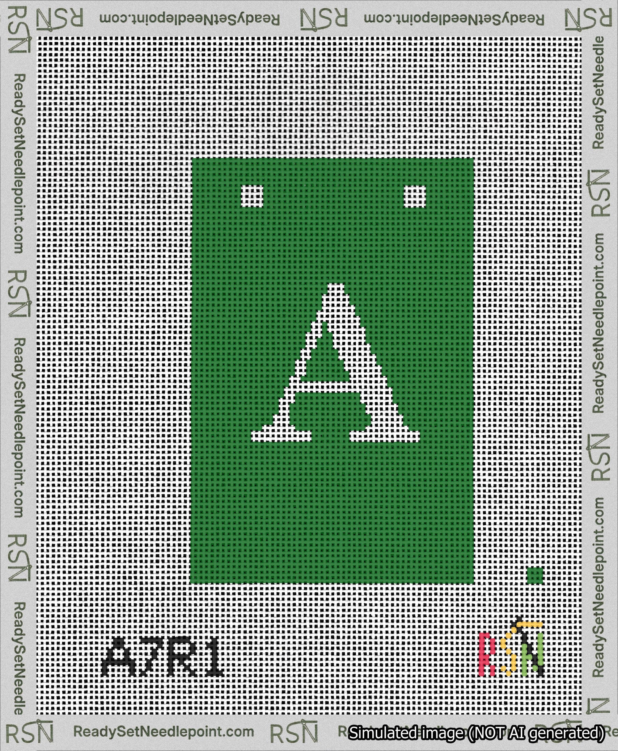 A taped needlepoint canvas with the design: Banner 13 mesh count Squared A White on Green.