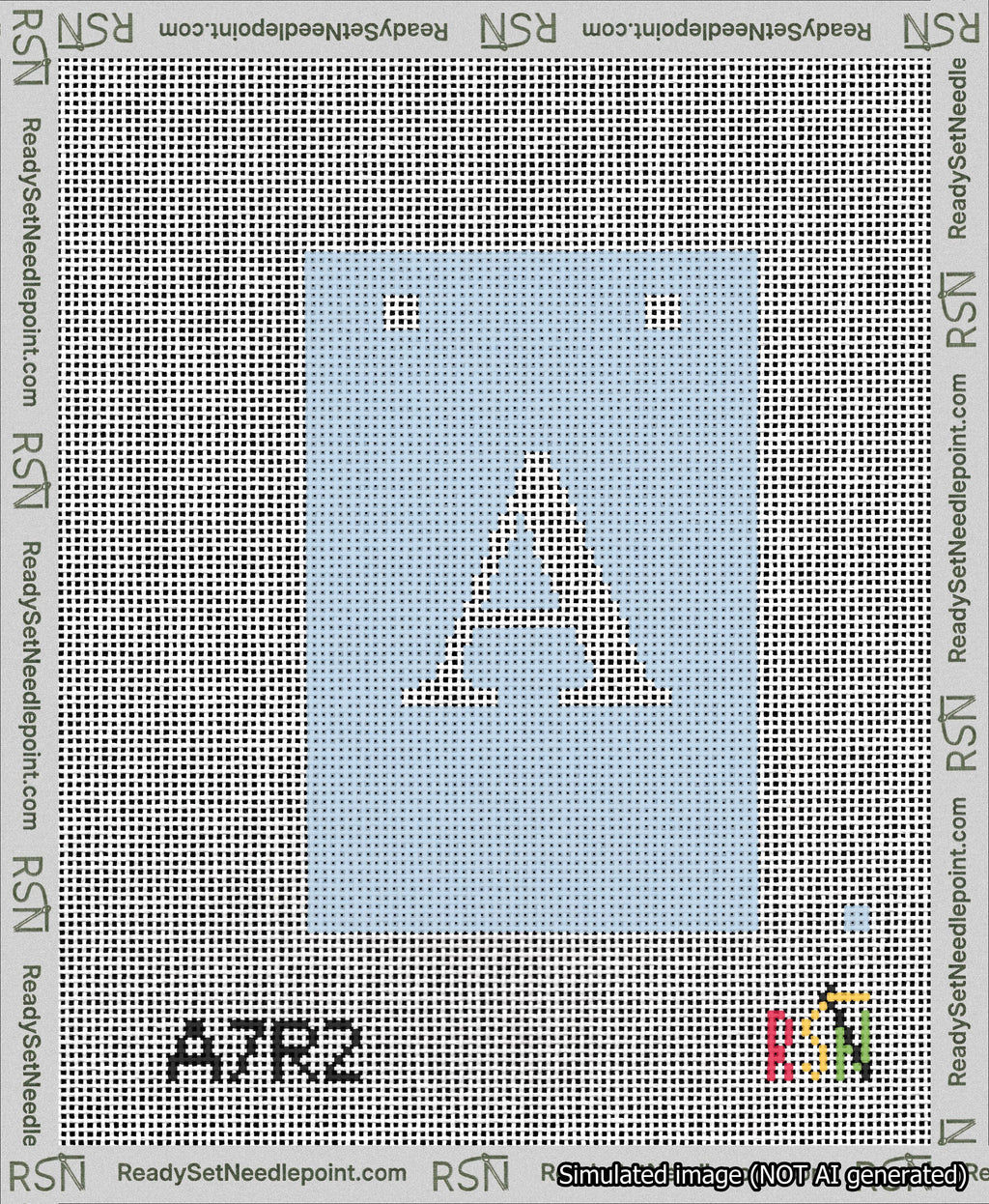 A taped needlepoint canvas with the design: Banner 13 mesh count Squared A White on Light Blue.