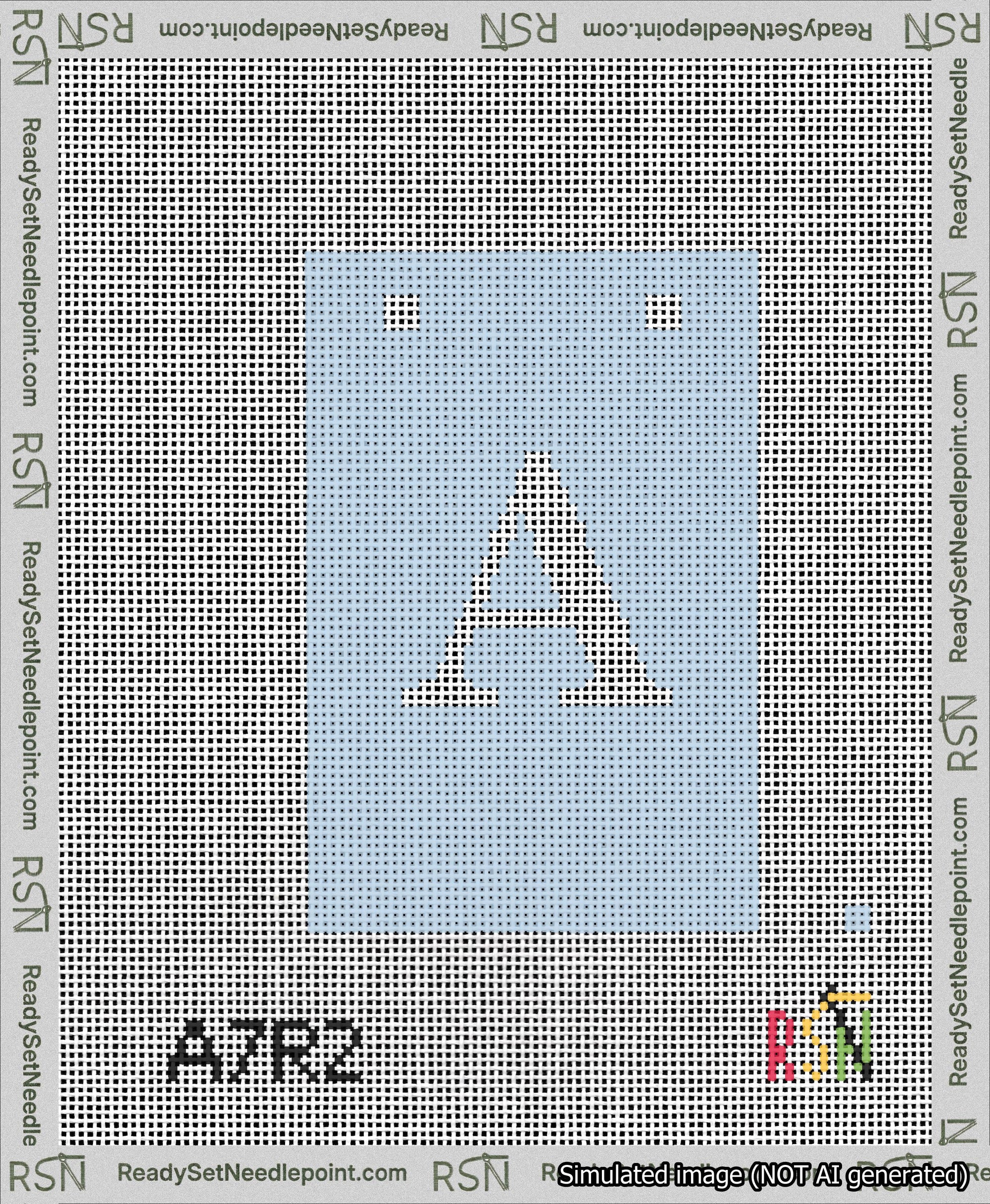 A taped needlepoint canvas with the design: Banner 13 mesh count Squared A White on Light Blue.