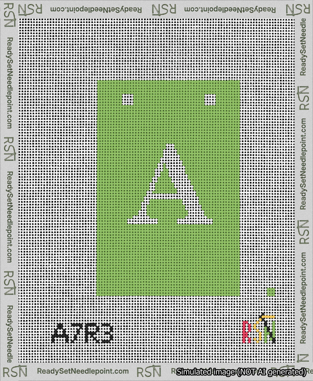 A taped needlepoint canvas with the design: Banner 13 mesh count Squared A White on Light Green.