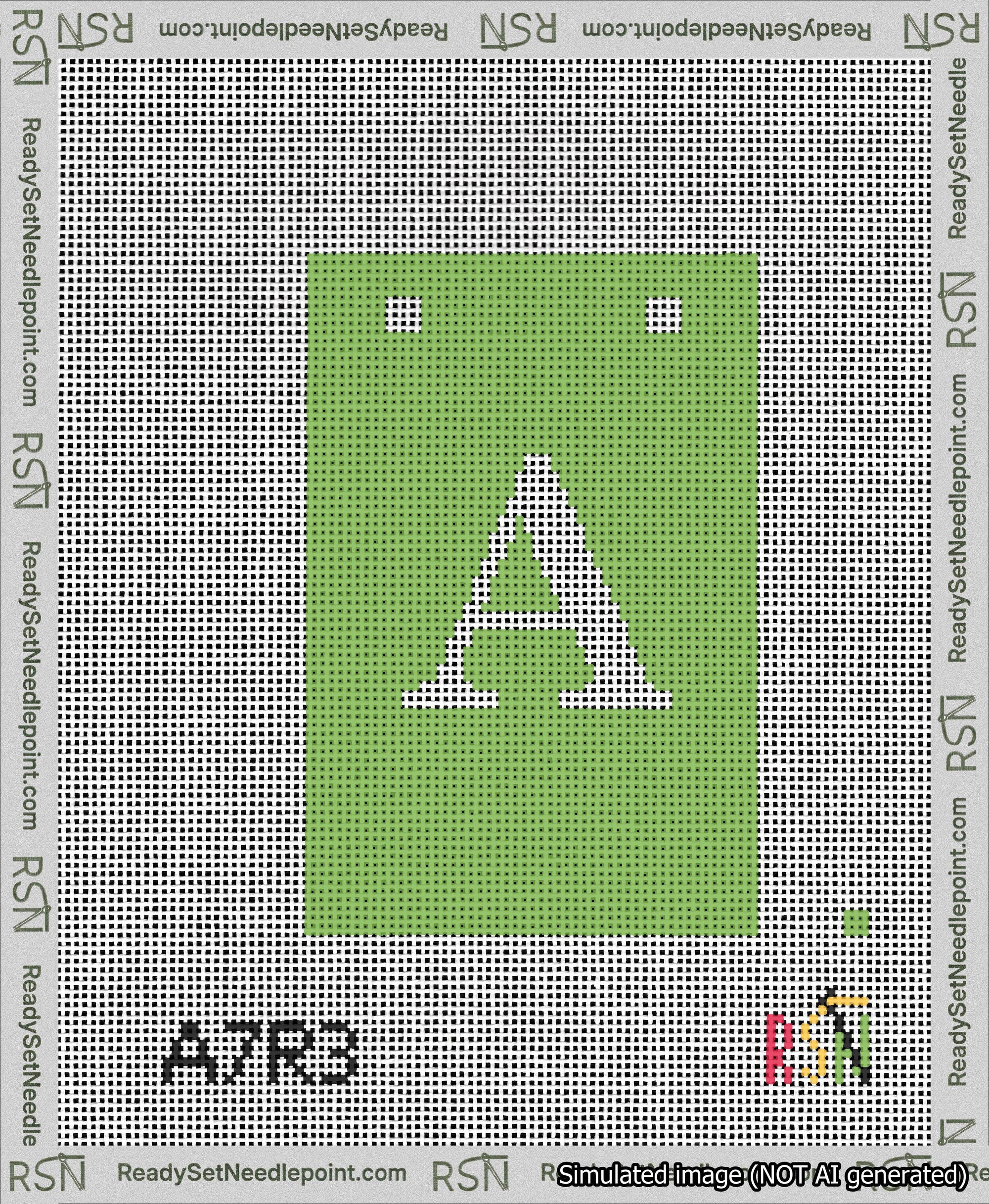 A taped needlepoint canvas with the design: Banner 13 mesh count Squared A White on Light Green.