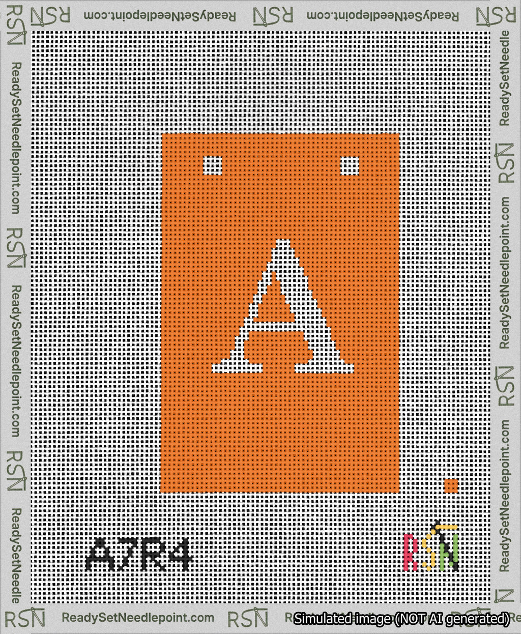 A taped needlepoint canvas with the design: Banner 13 mesh count Squared A White on Orange.