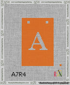 A taped needlepoint canvas with the design: Banner 13 mesh count Squared A White on Orange.