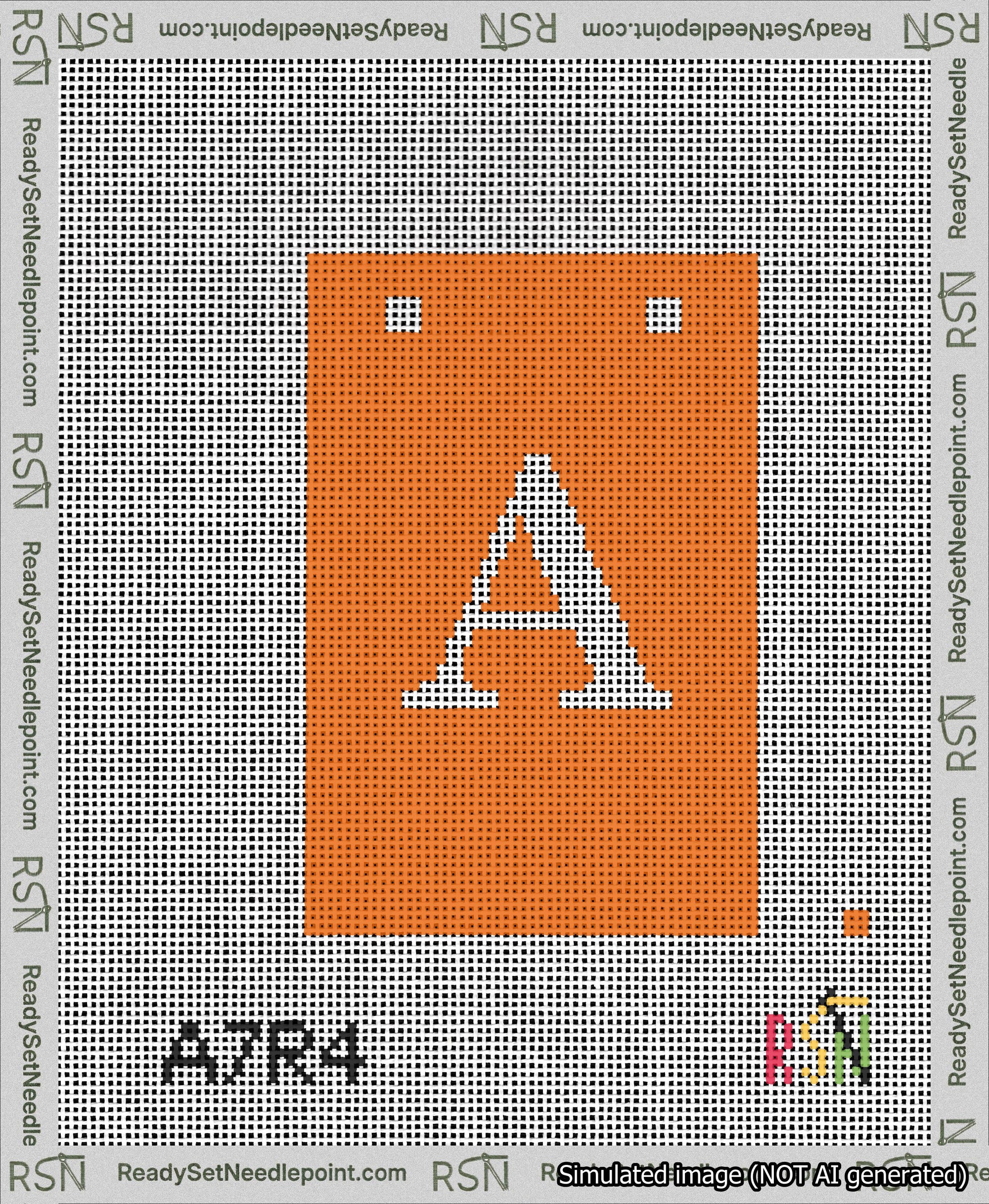 A taped needlepoint canvas with the design: Banner 13 mesh count Squared A White on Orange.