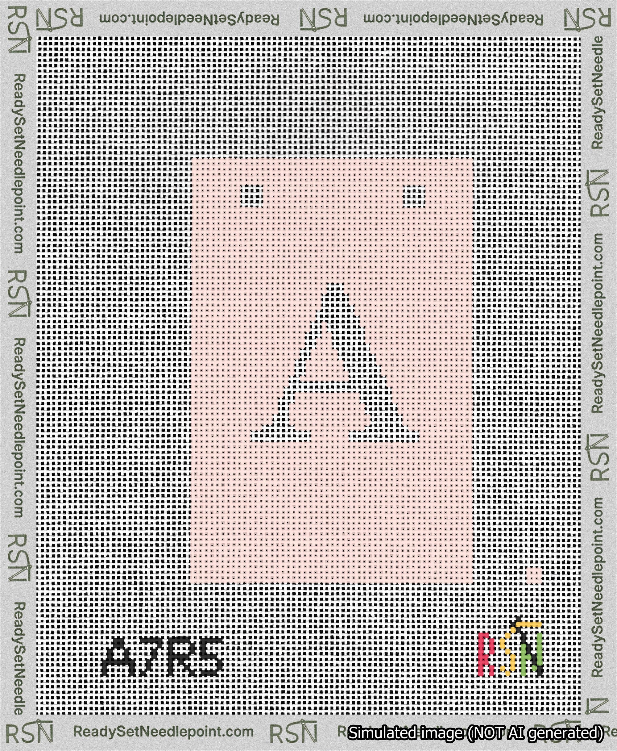 A taped needlepoint canvas with the design: Banner 13 mesh count Squared A White on Pink.