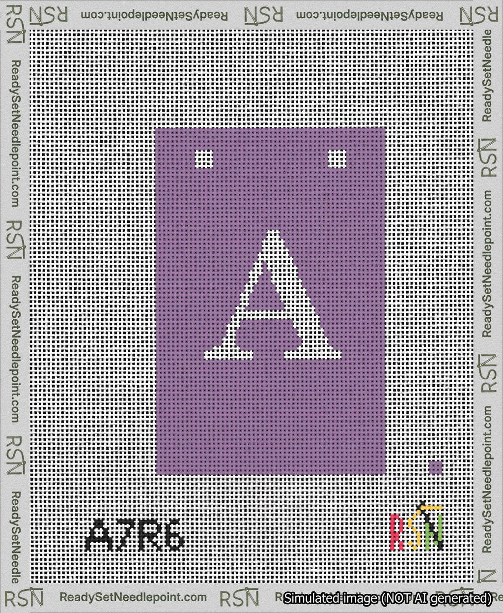 A taped needlepoint canvas with the design: Banner 13 mesh count Squared A White on Purple.