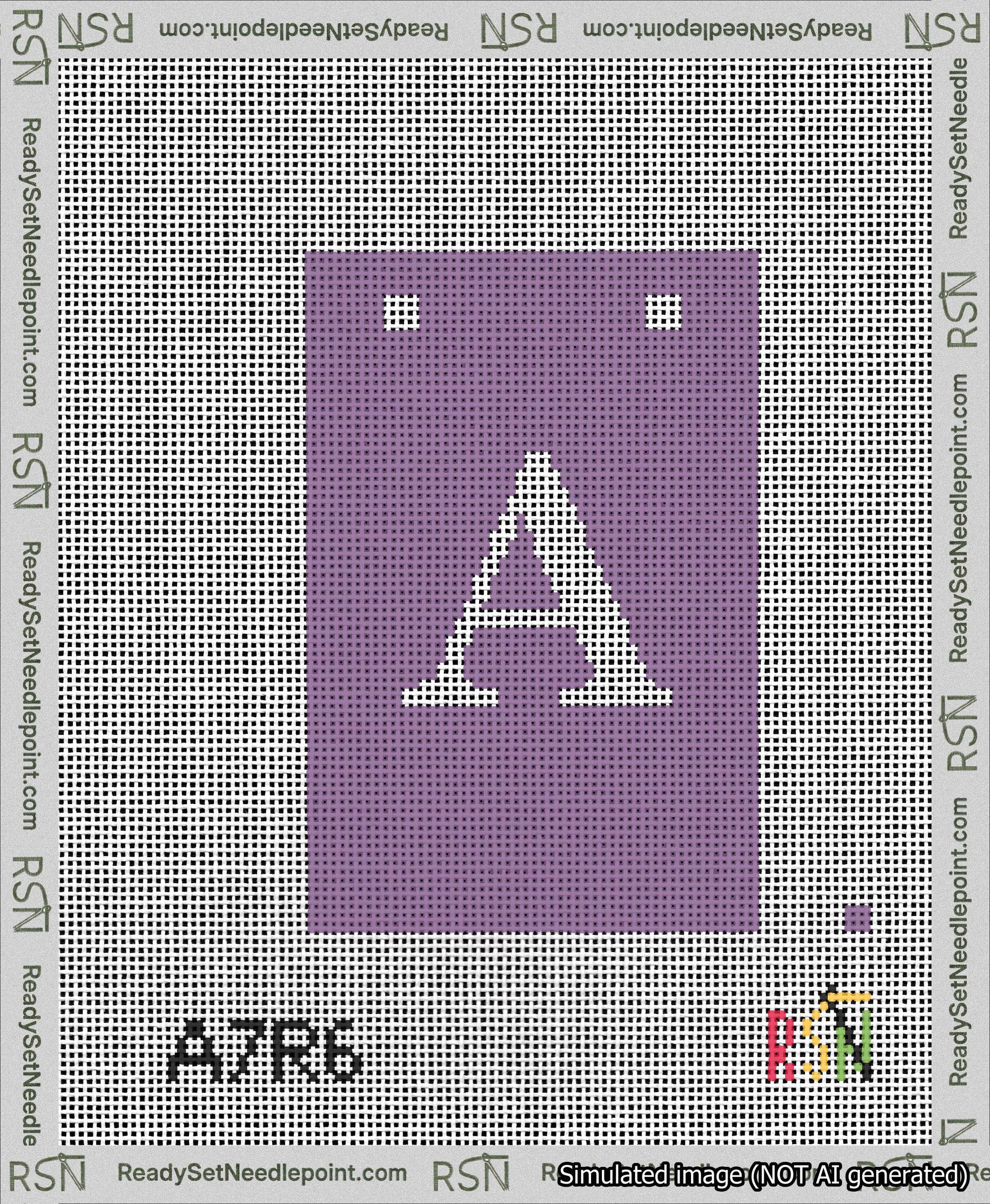 A taped needlepoint canvas with the design: Banner 13 mesh count Squared A White on Purple.
