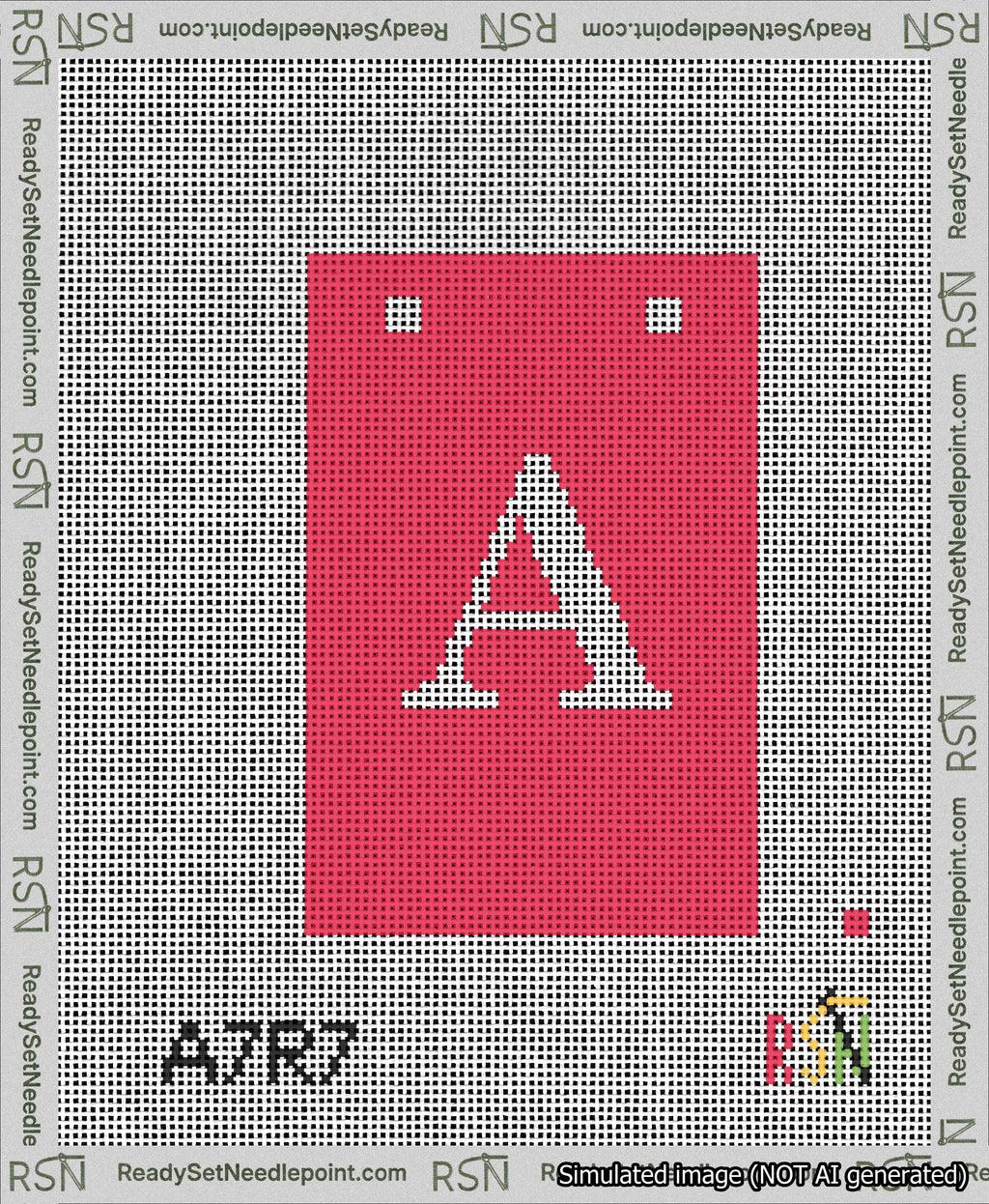 A taped needlepoint canvas with the design: Banner 13 mesh count Squared A White on Red.